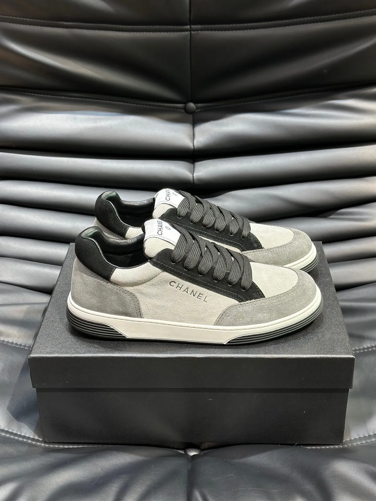 Chanel Gray Black Low-Top Suede-and-Leather Panelled Sneakers