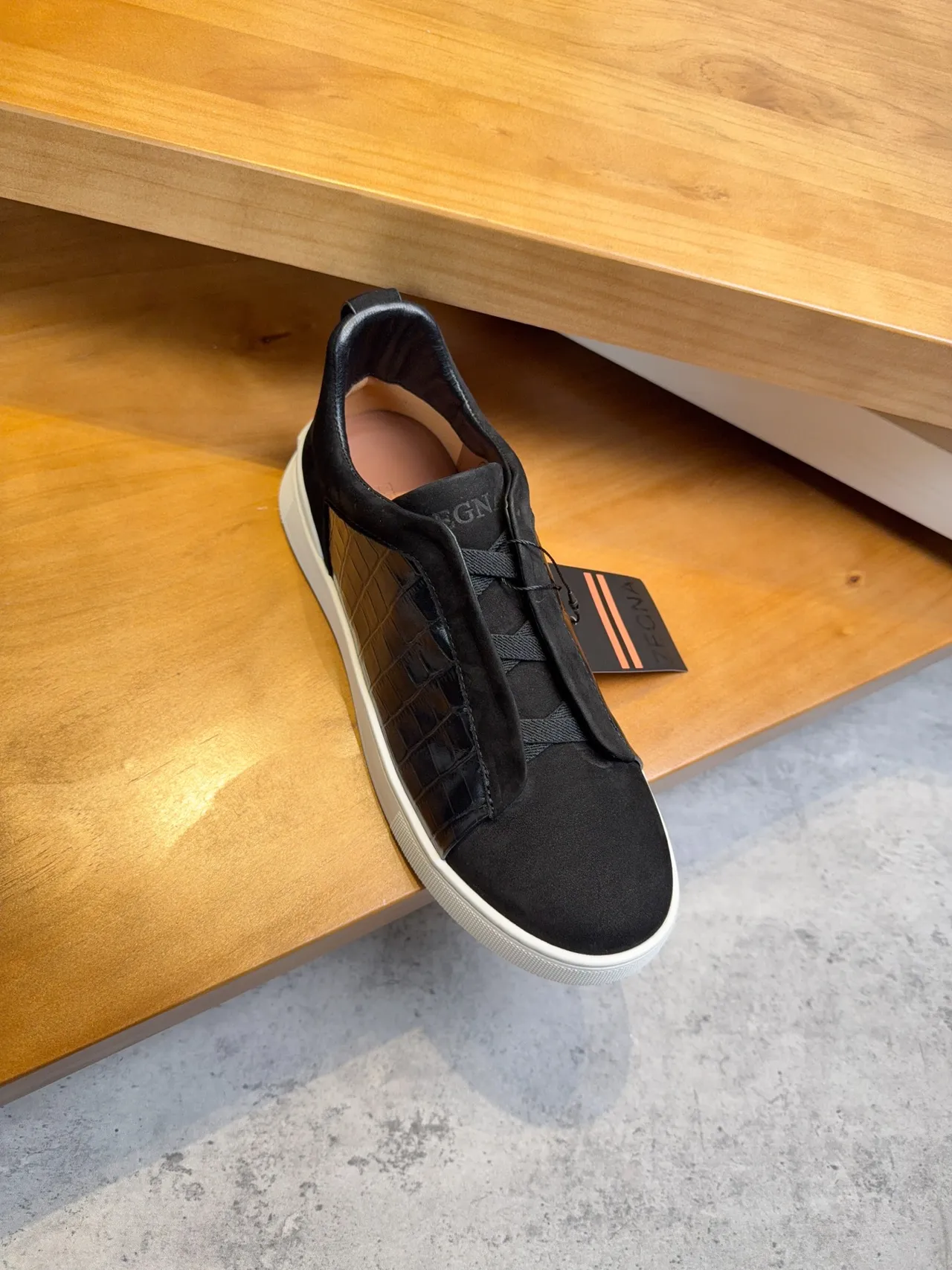 Zegna Black Suede and Croc-Embossed Leather Slip-On Lifestyle Sneakers