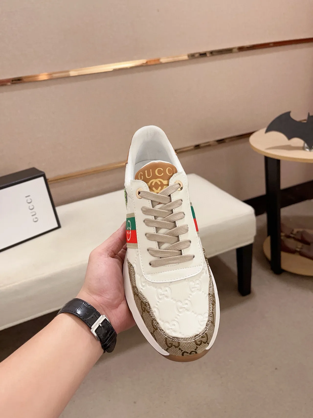Gucci White Beige GG Monogram Canvas Web Stripe Accent Lifestyle Sneakers