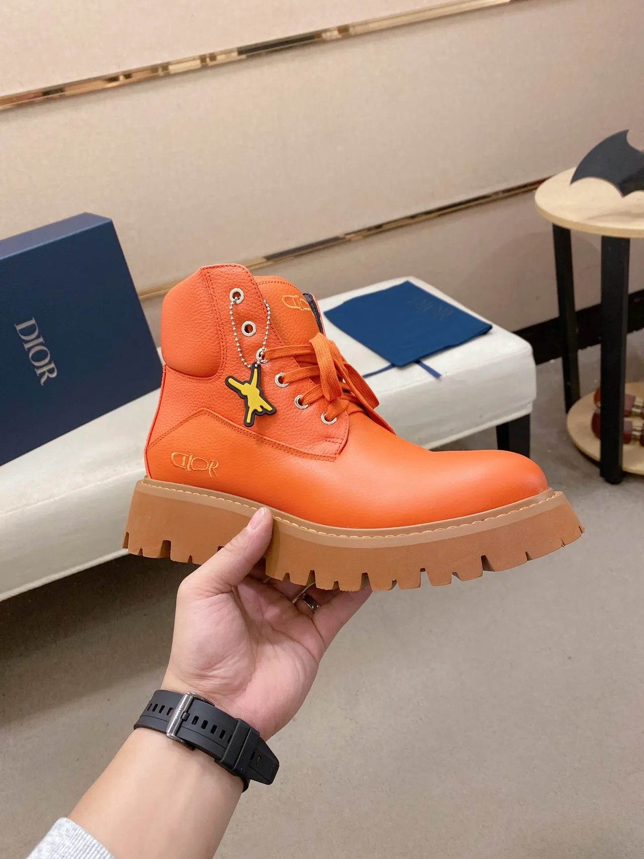 Dior Orange Beige High-Top Lace-Up Work Boots