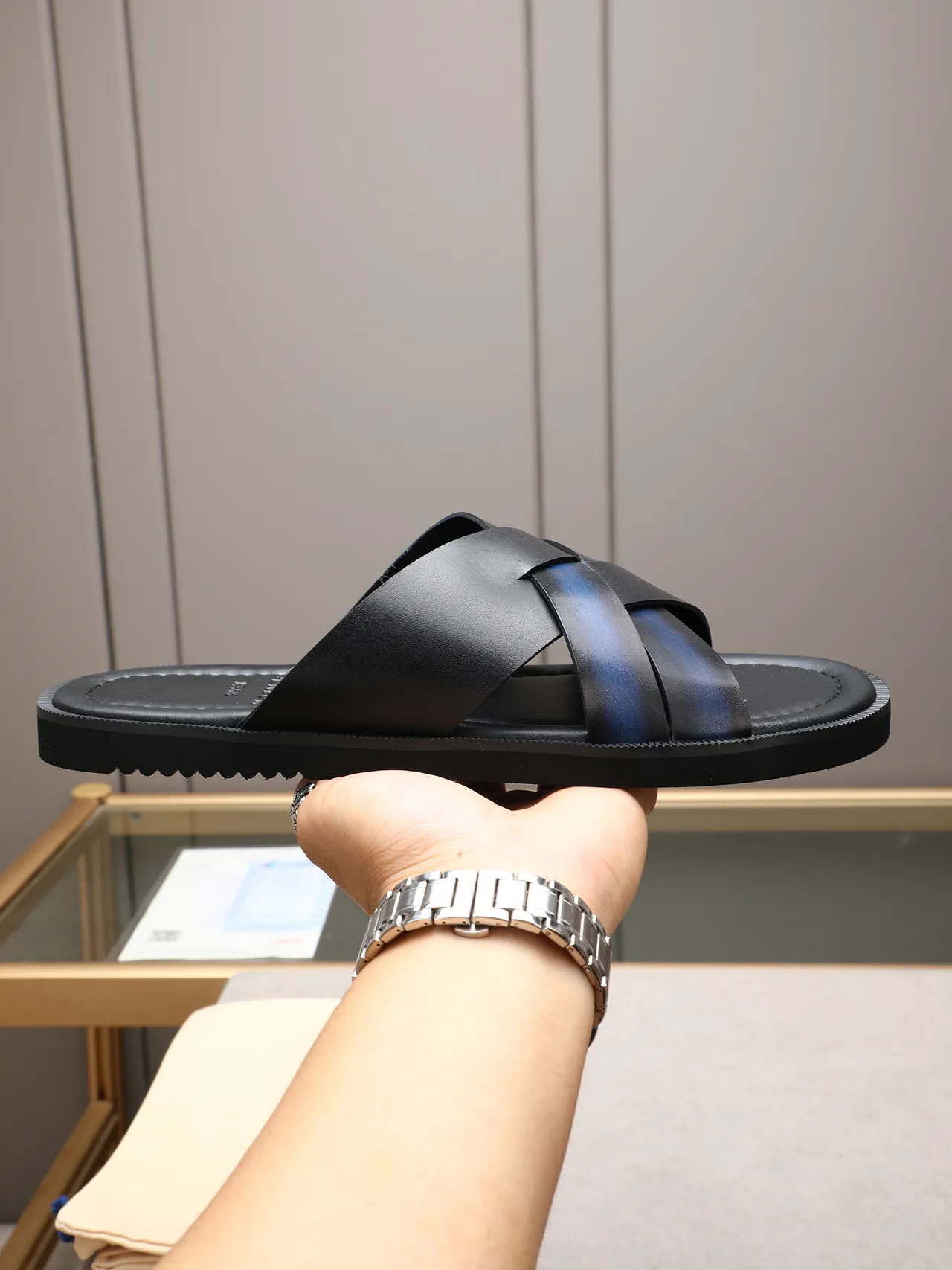 Black Brown Woven Strap Flat Sole Casual Sandals