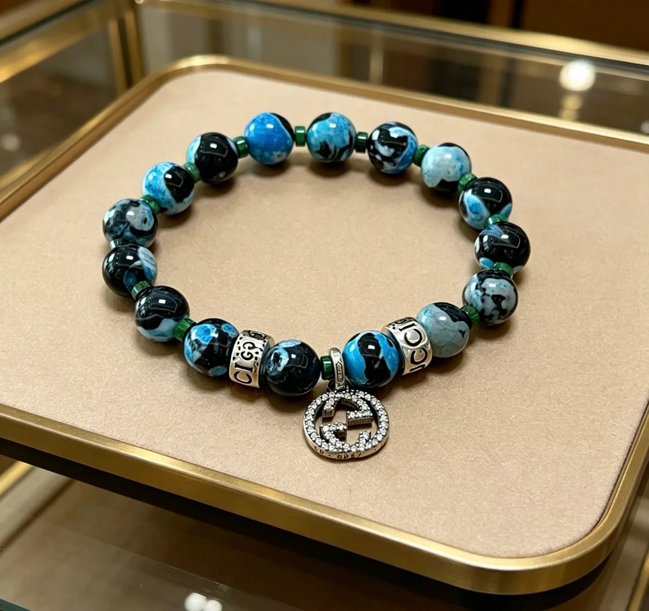 Gucci Blue Black Marbled Agate-Style Beads Pavé Crystal GG Charm Bracelet
