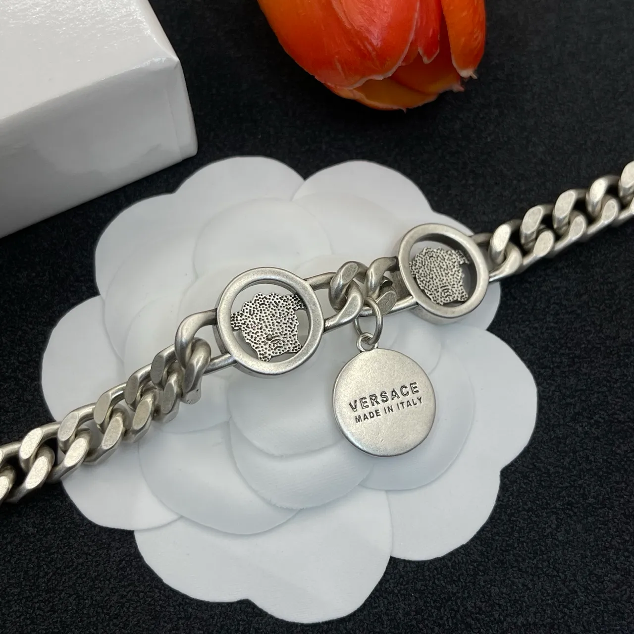 Versace Medusa Charm Bracelet Silver Green Curb Chain Bracelet