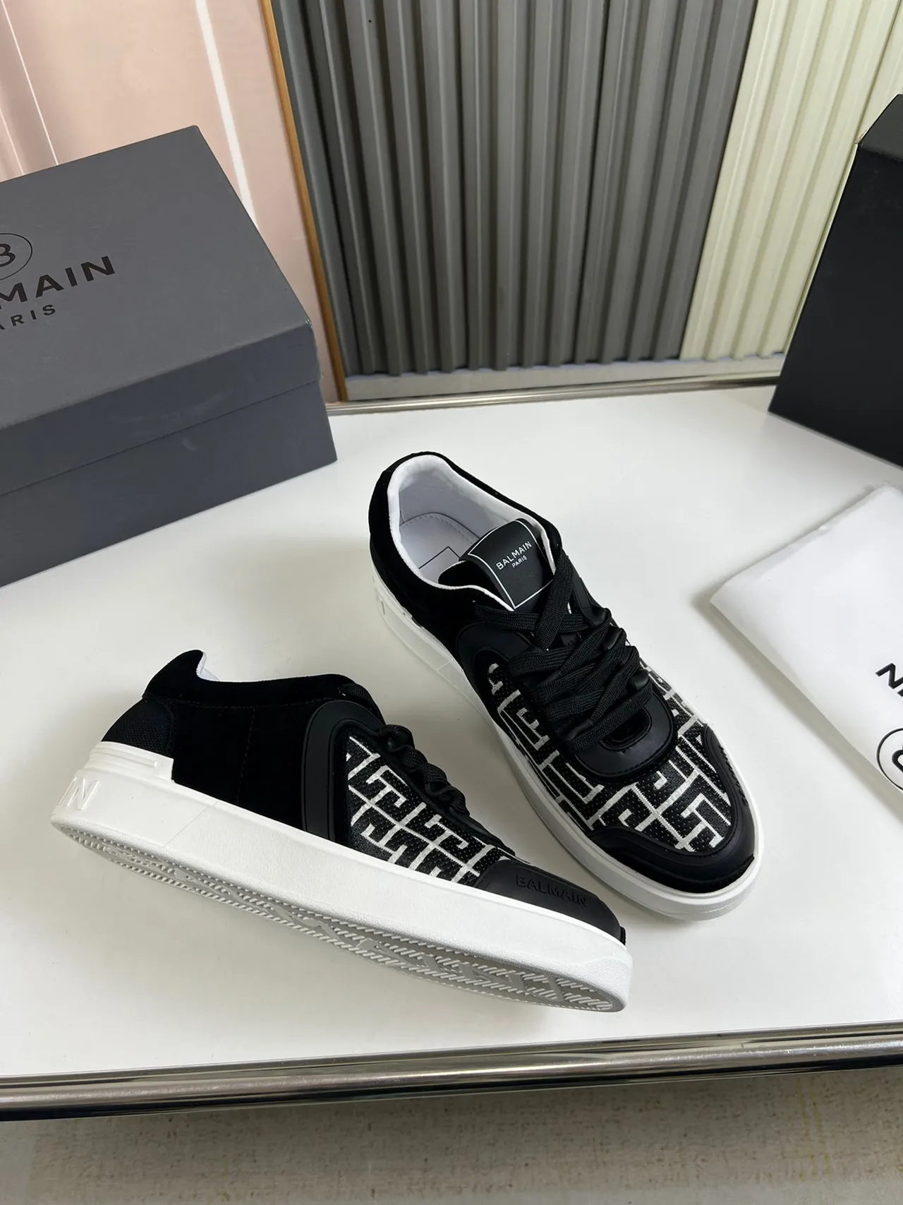 Balmain Le City Black White Monogrammed Side Panel Sculpted Overlays Lifestyle Sneakers