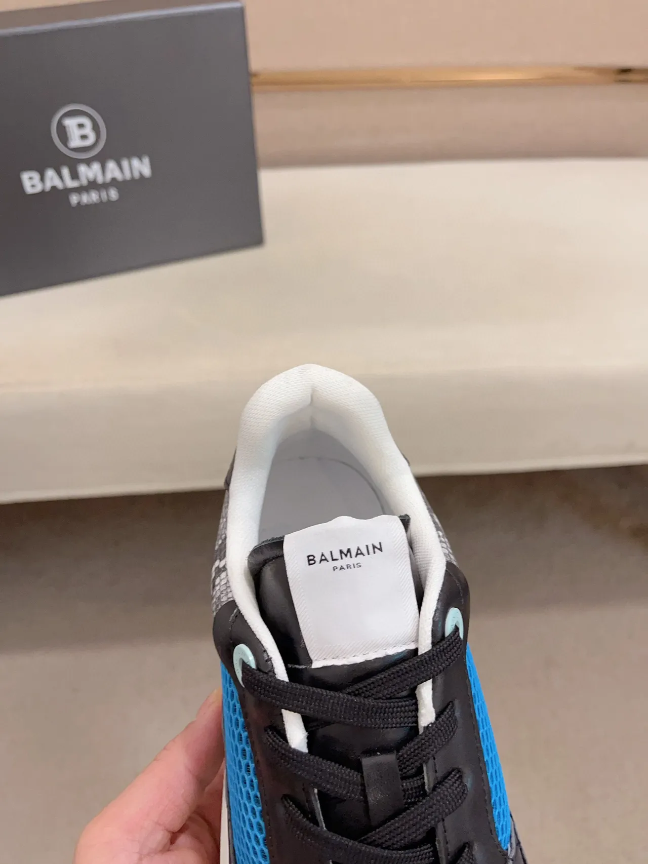 Balmain B-Court Blue Mesh and Black Leather Lifestyle Sneakers