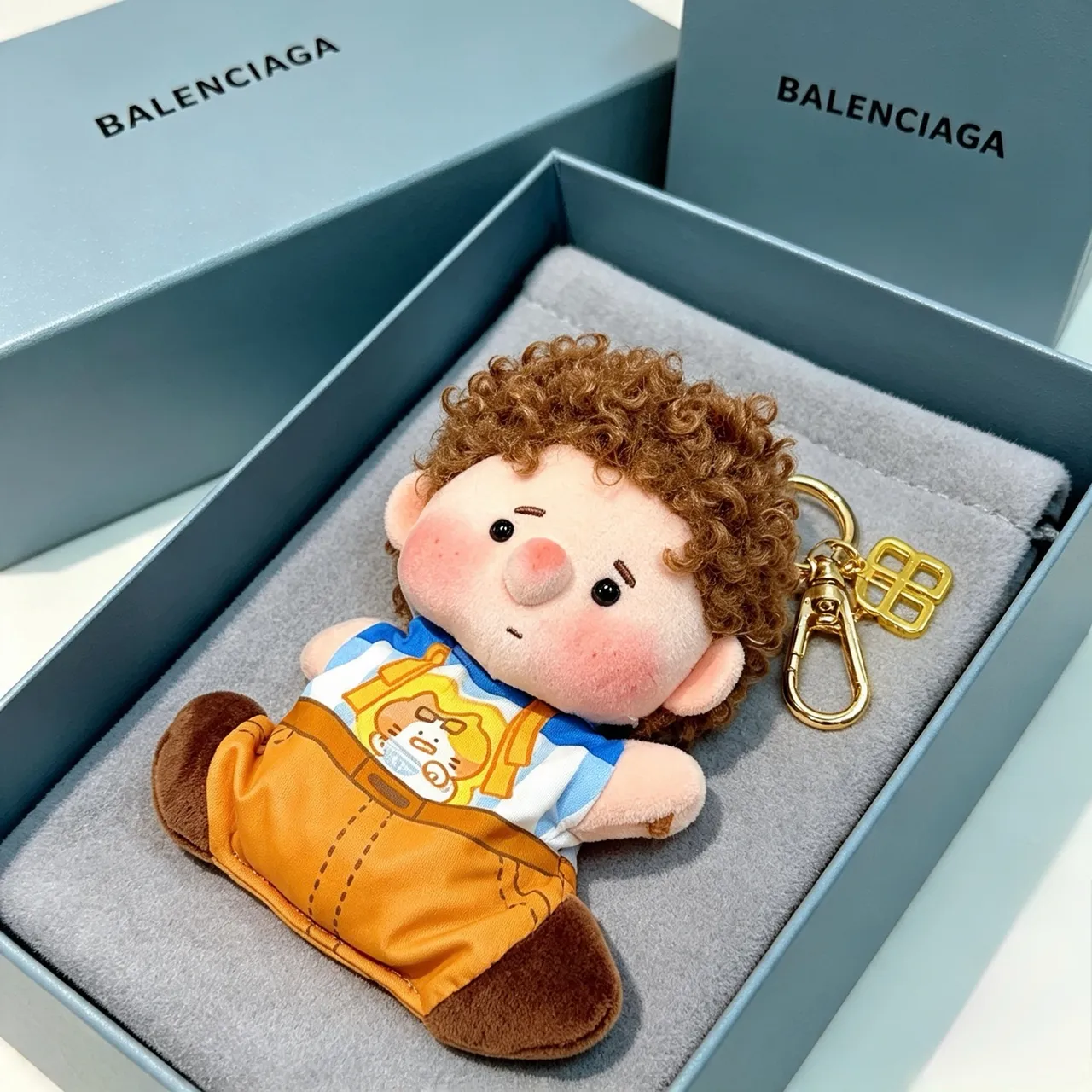 Balenciaga Brown Blue Plush Doll Keychain Accessory Handbag