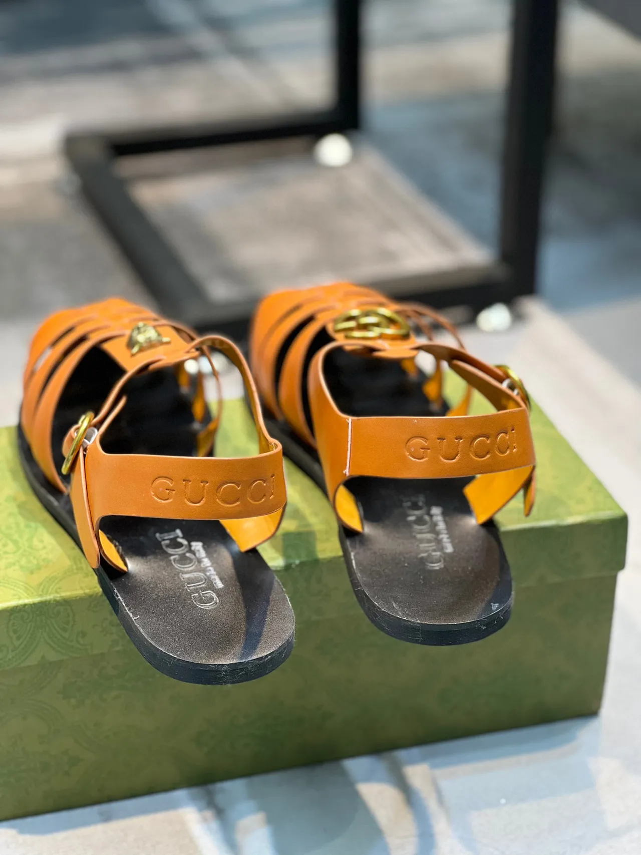 Gucci Orange Black Woven Leather Straps Tiger-Head Medallion Gladiator Sandals
