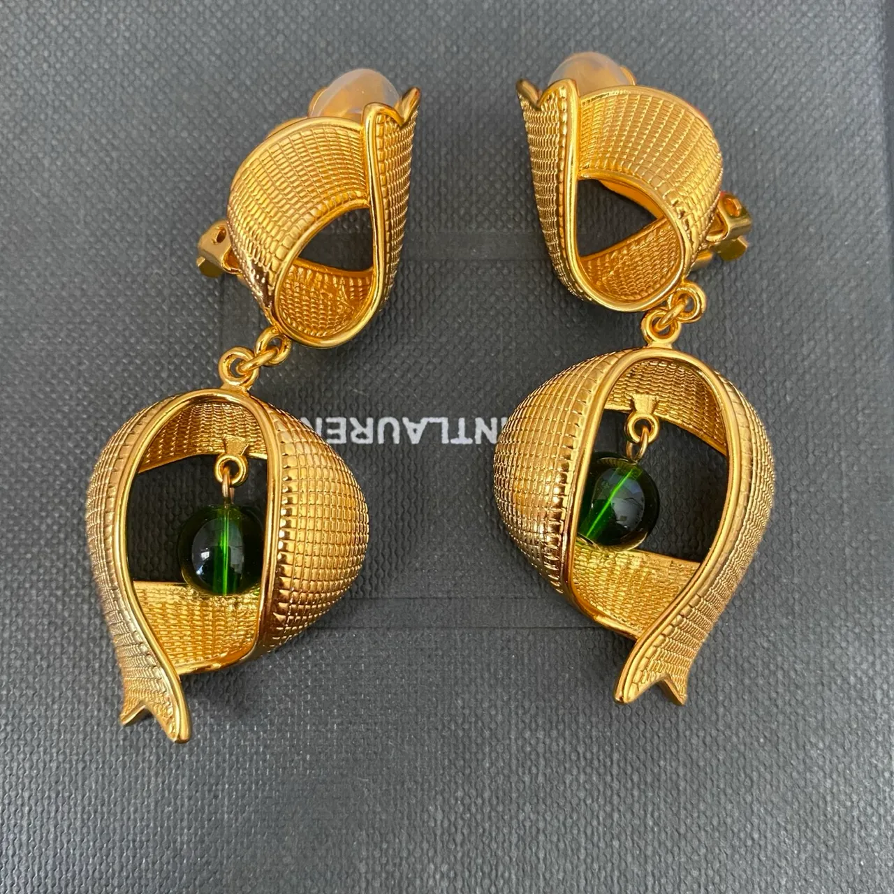 Saint Laurent Gold Green Textured Finish Asymmetrical Ribbon-Like Frame Earrings
