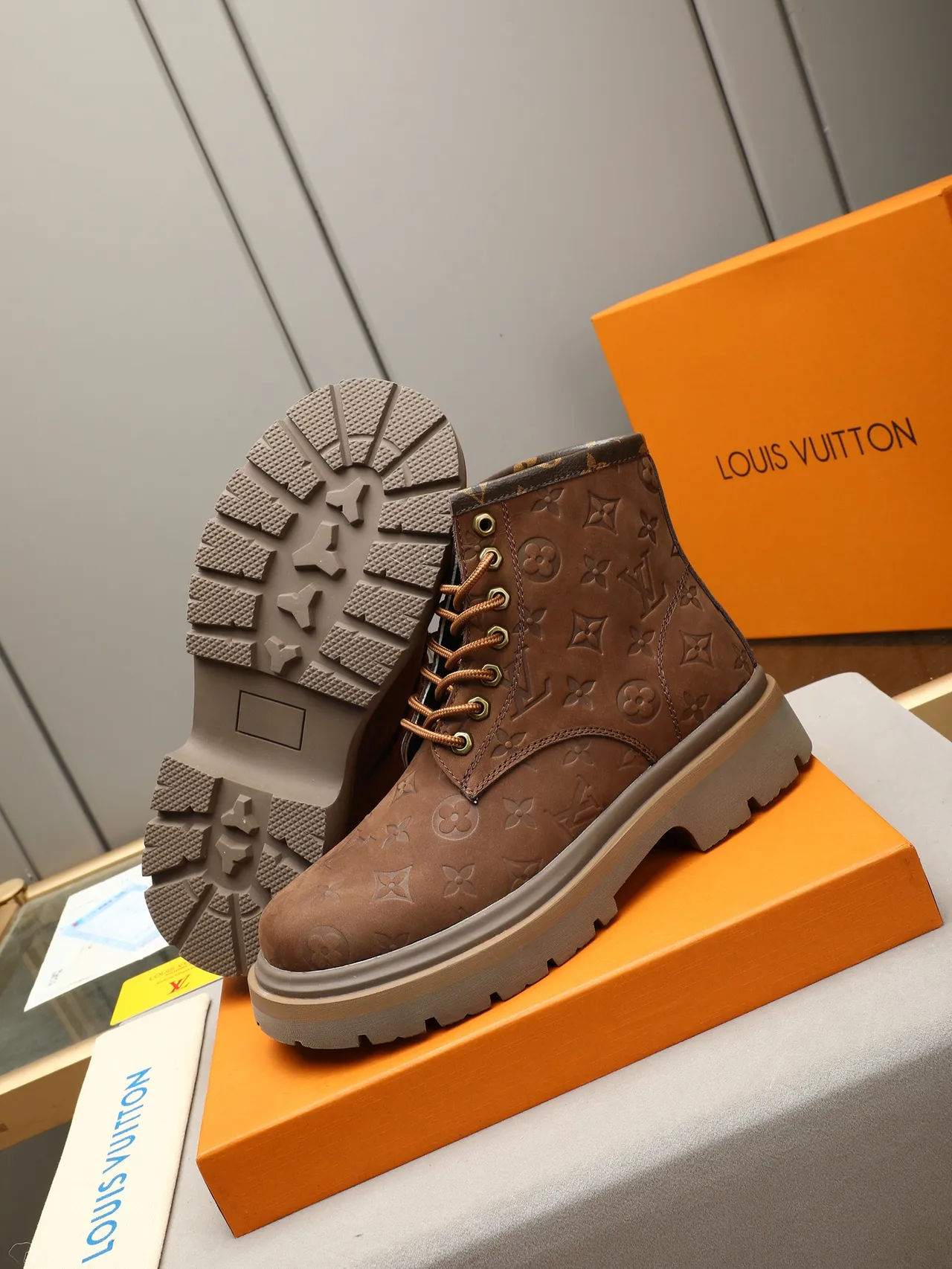 Louis Vuitton Monogram Suede Chunky Lug Sole Work Boot