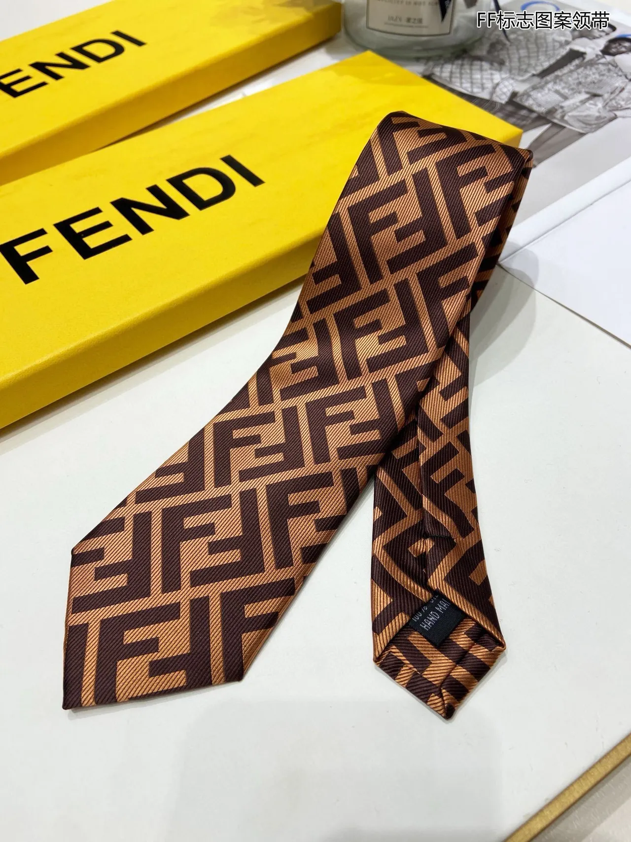 Fendi FF Monogram Brown and Tan Necktie
