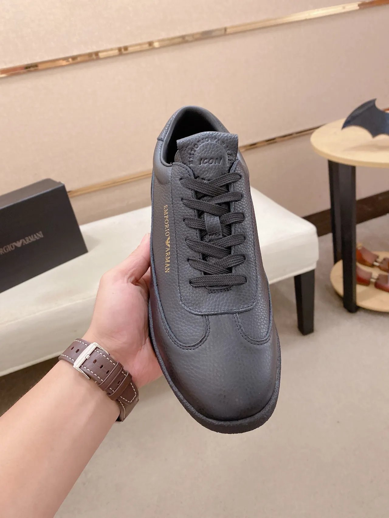 Emporio Armani Pebbled Leather Gold-Branded Low-Top Sneaker
