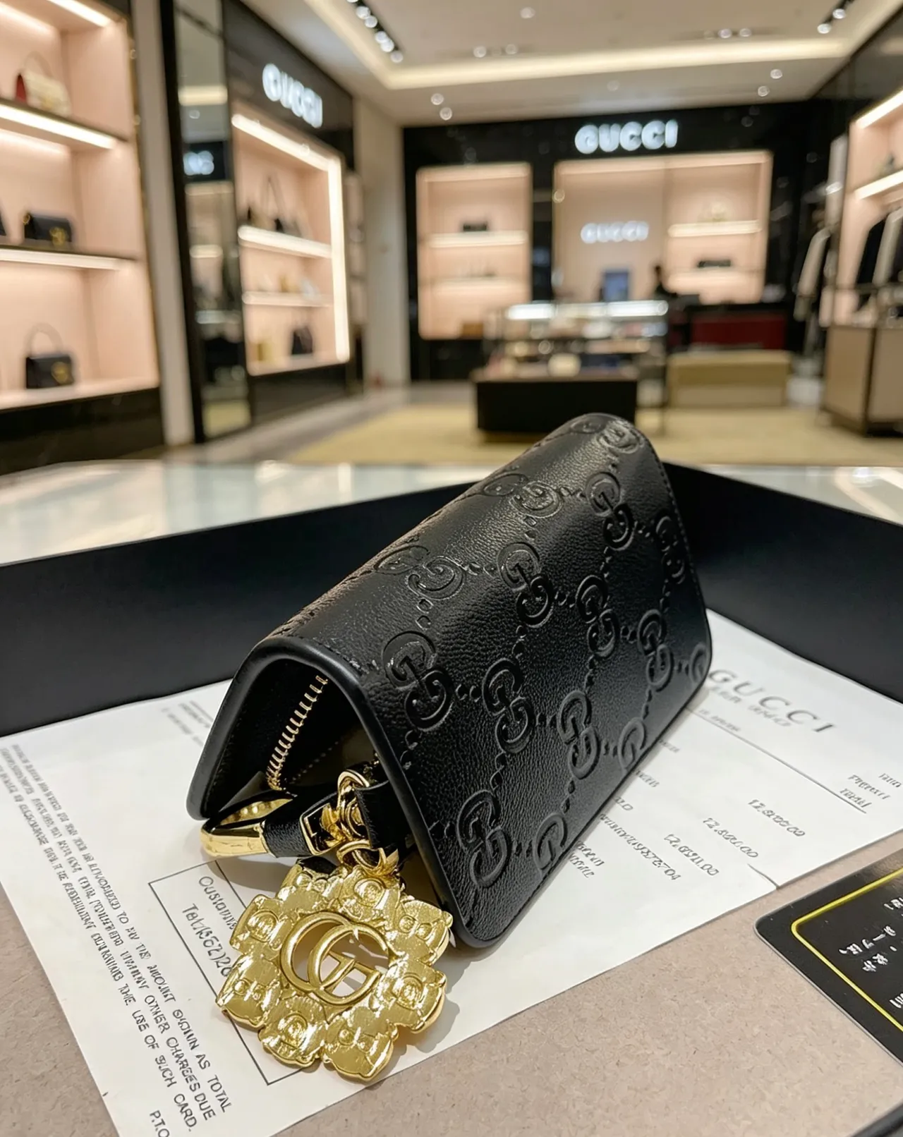 Gucci GG Monogram Black Gold Embossed Hardware Card Holder