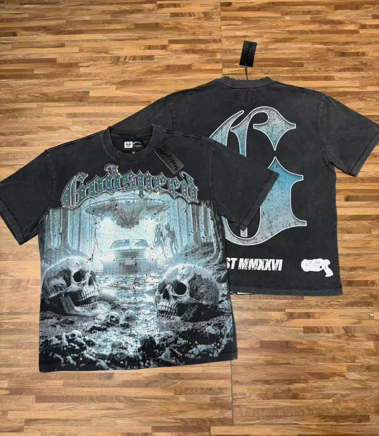 Godspeed Distressed Black Graphic Skull UFO T-Shirt