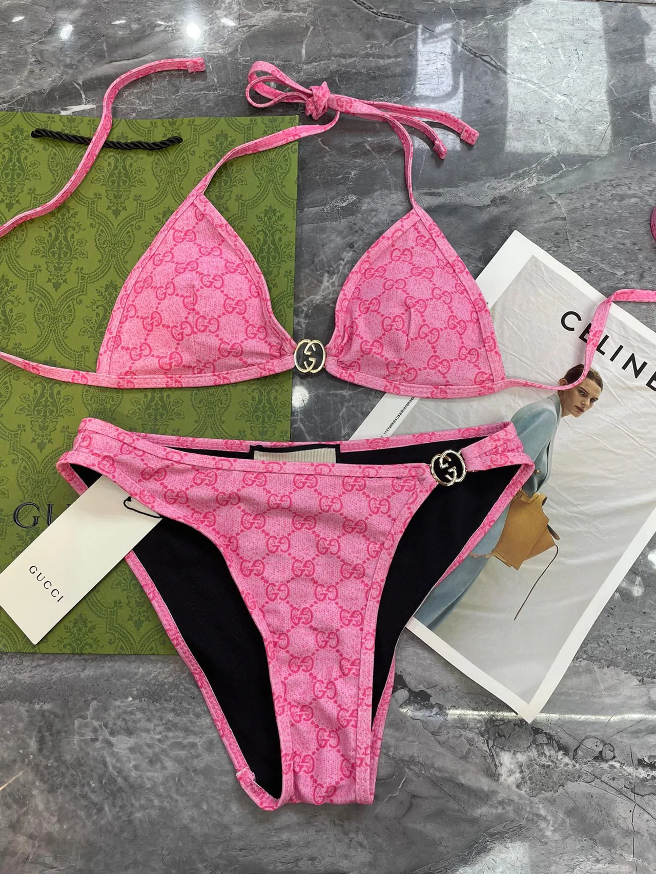 Gucci Pink Halter Triangle All-Over GG Monogram Swimwear