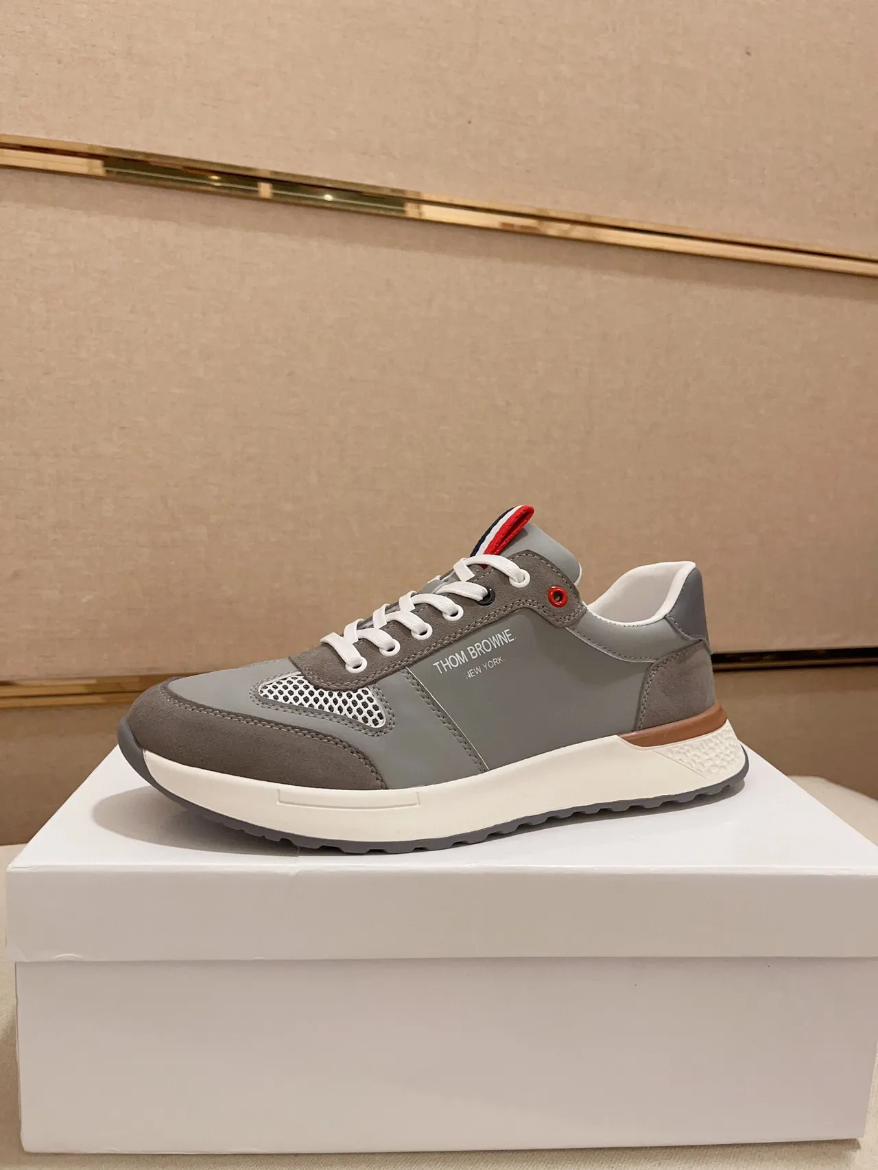 Thom Browne Gray White Mixed-Material Upper Mesh Ventilation Panel Sneakers
