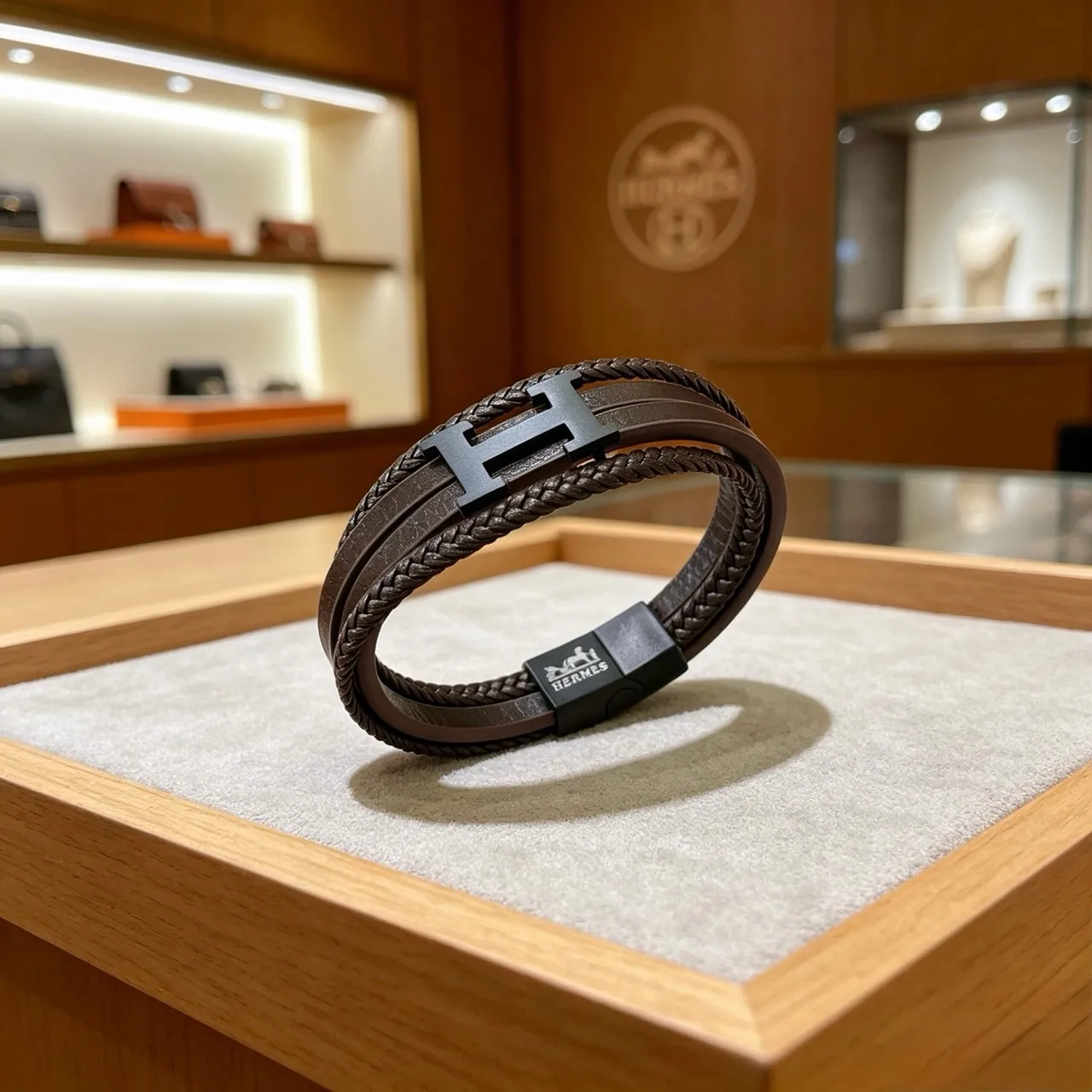 Hermès Brown Black Braided Leather Double-Wrap Bracelet