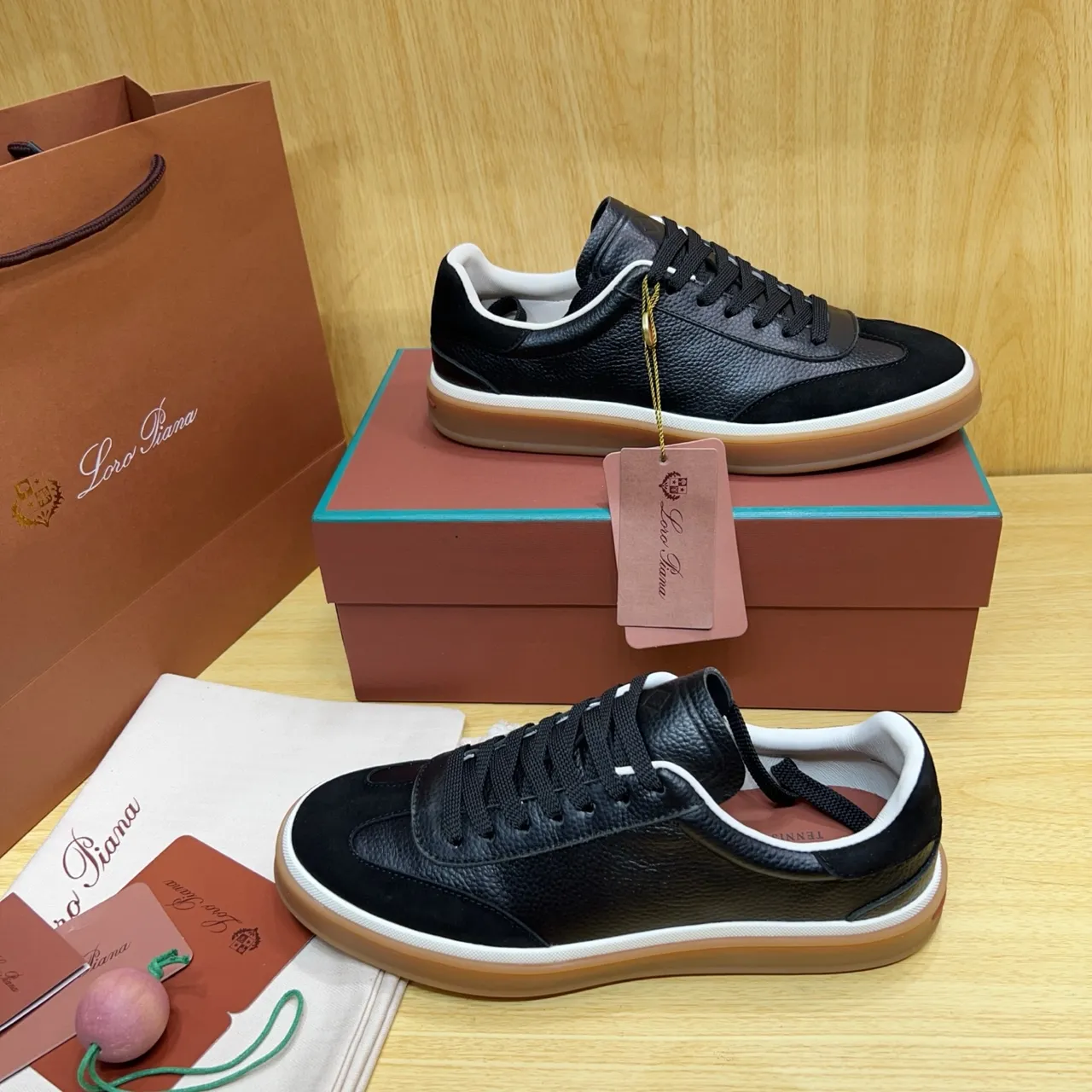 Loewe Black Beige Pebbled Leather Suede Accents Lifestyle Sneakers