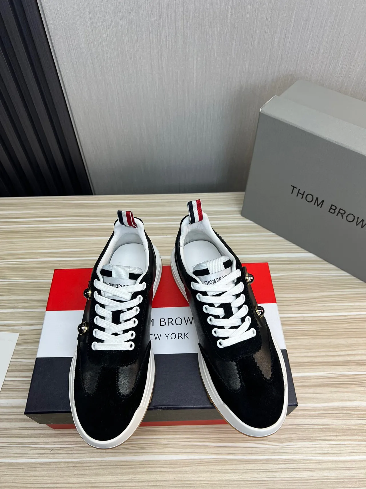 Thom Browne Button Strap Black Suede and Leather Lifestyle Sneaker