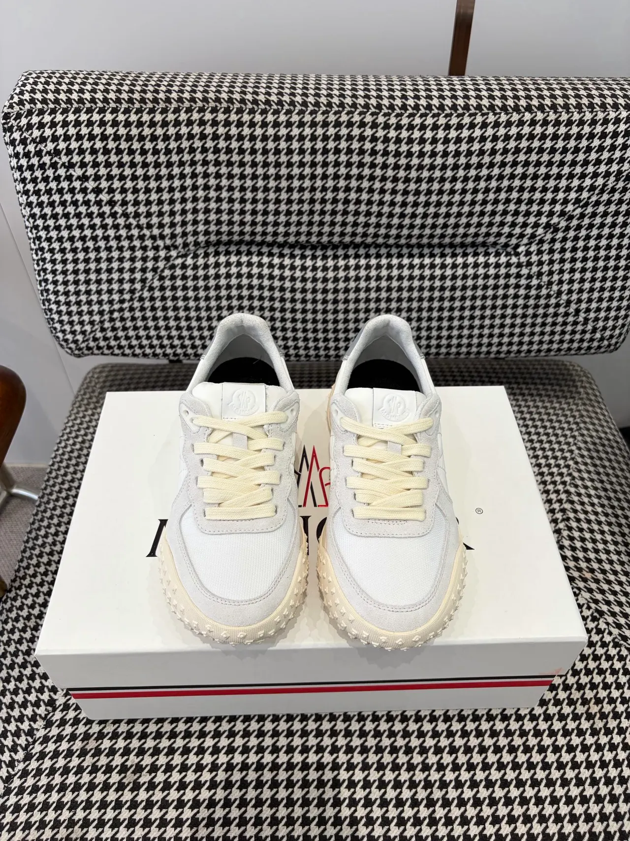 Moncler Beige Gray Off-White Monochrome Quilted Paneling Sneakers