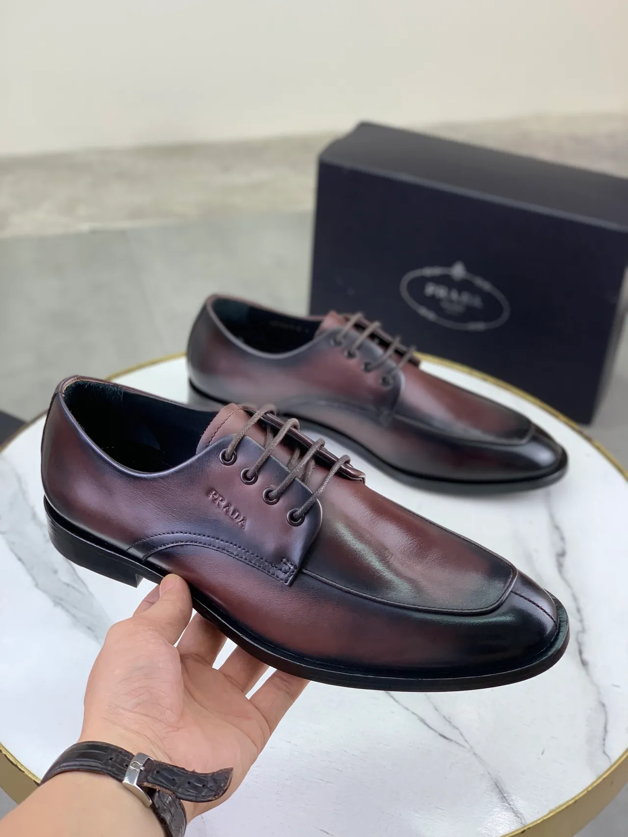 Prada Burgundy Black Cap-Toe Polished Leather Oxford Shoes