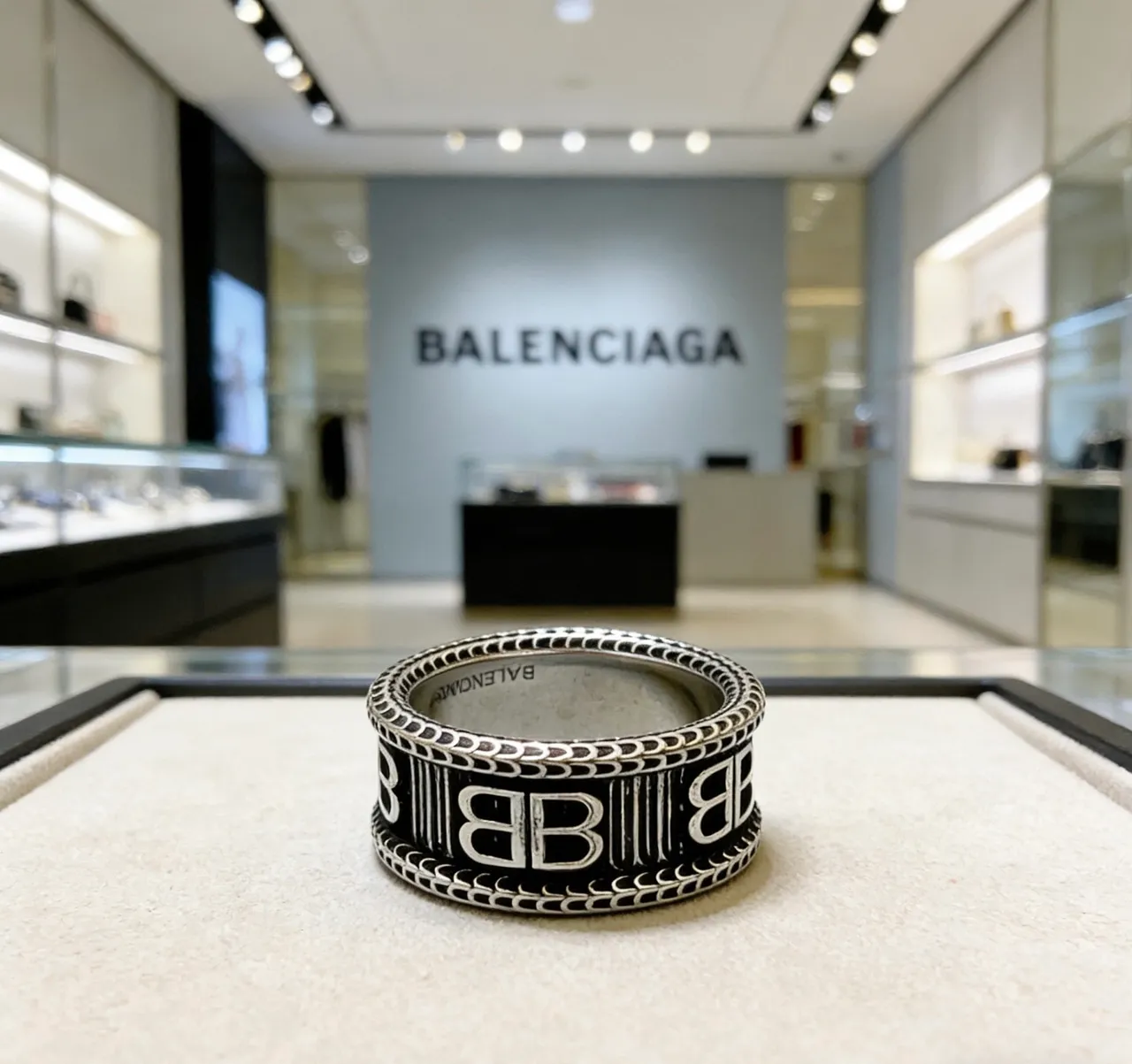 Balenciaga BB Ring Silver and Black Enamel Wide Band Ring