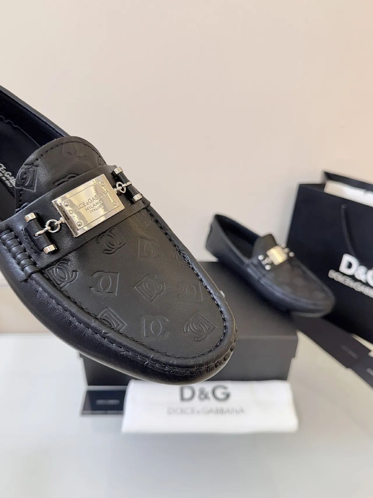 Dolce & Gabbana Portofino Embossed Monogram Black Leather Loafers