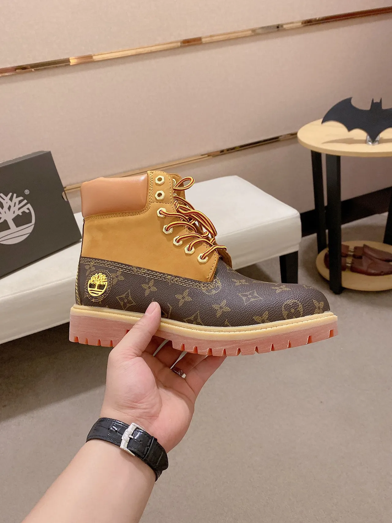 Timberland Premium 6-Inch Monogram Canvas and Tan Leather Work Boot