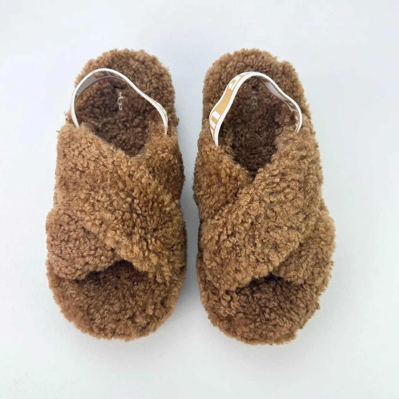UGG Tasman Brown Fuzzy Cross-Strap Platform Slippers
