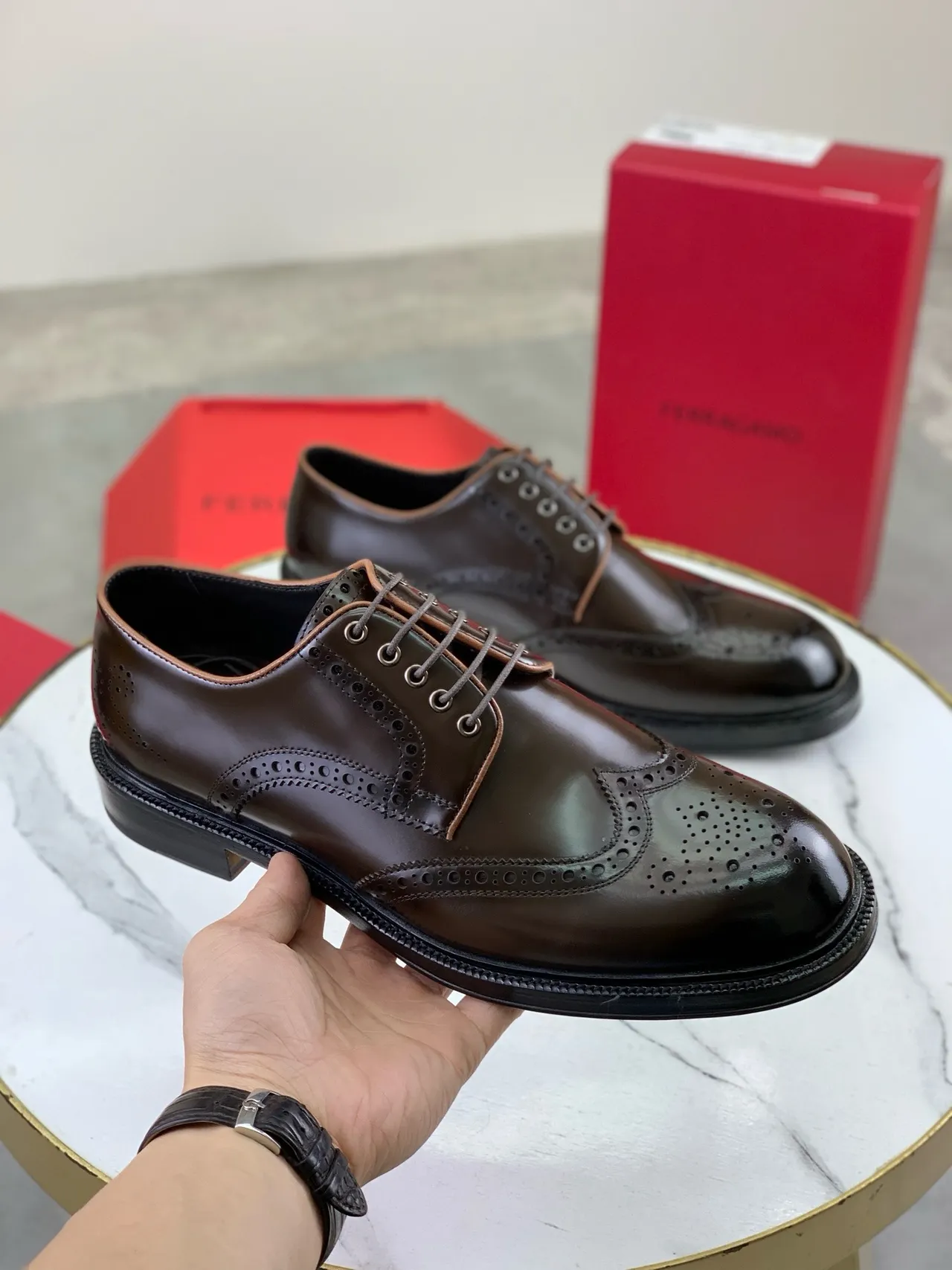 Salvatore Ferragamo Full-Brogue Wingtip Brown Leather Brogues