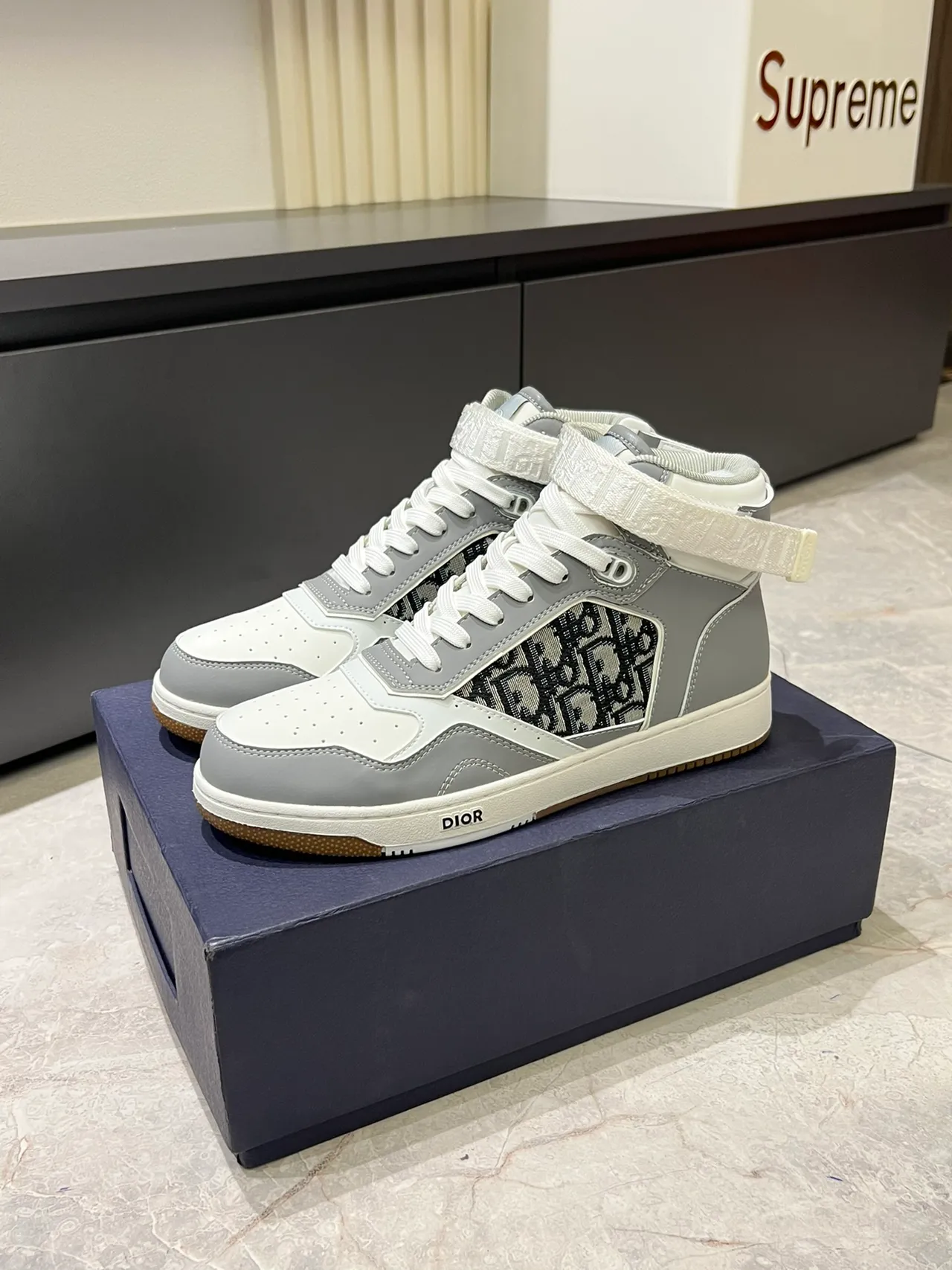 Dior B23 White and Gray Oblique Monogram High-Top Lifestyle Sneakers
