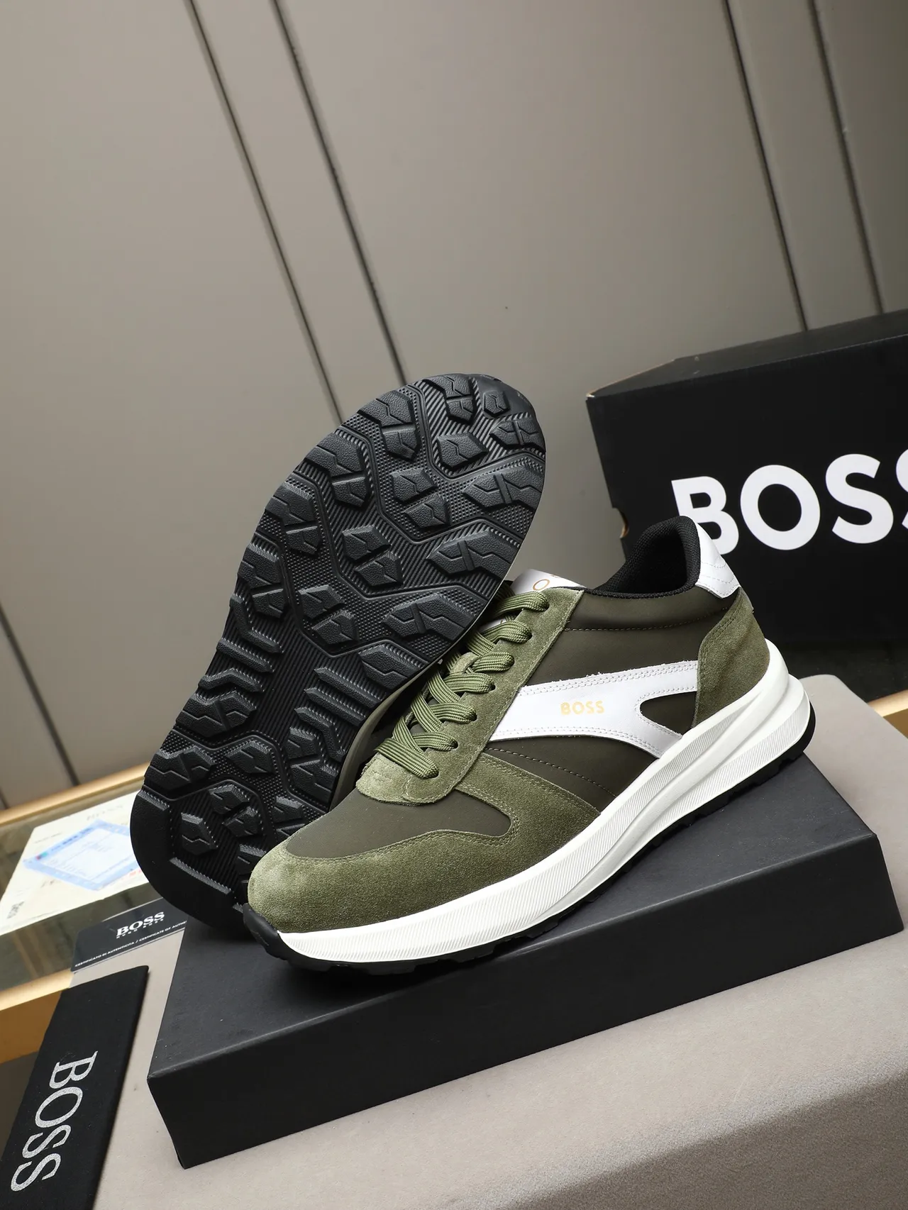 Hugo Boss Army Green White Olive Suede Side Stripe Sneakers