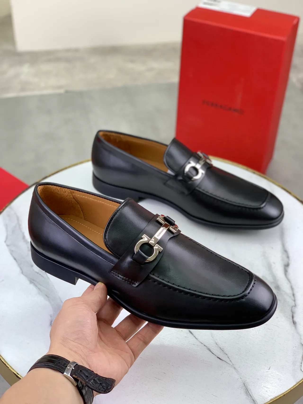 Salvatore Ferragamo Gancini Loafer Black Leather Square Toe Loafers