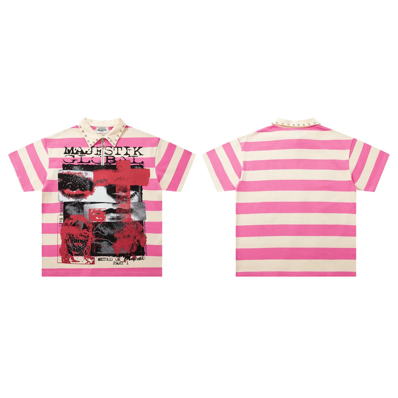 MAJESTIK Pink Beige Striped Studded Collar Polo Shirt