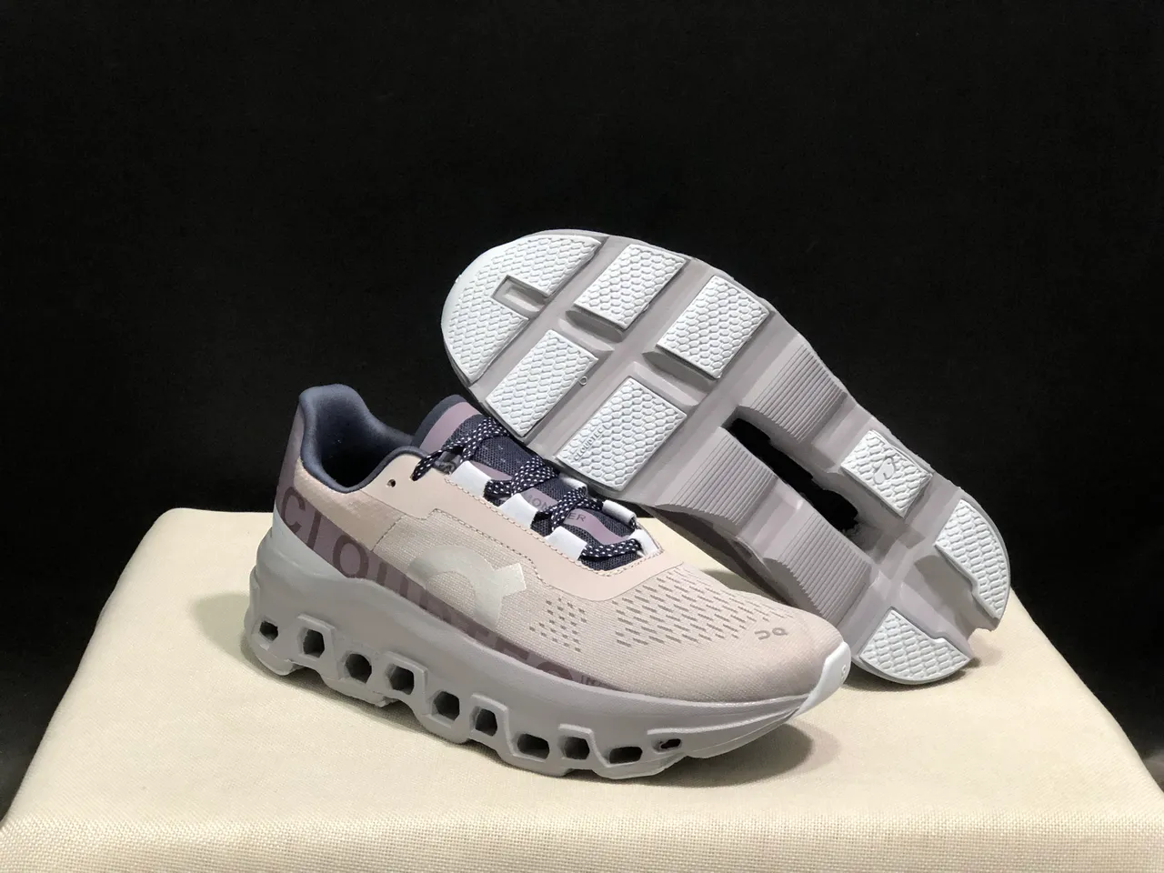 On Cloudmonster Beige Navy Running Shoes
