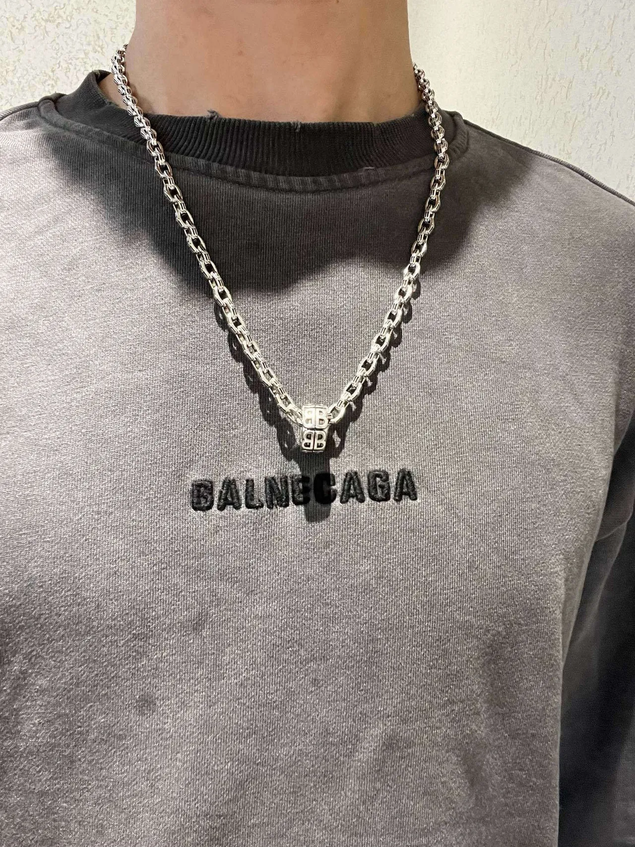 Balenciaga BB Motif Pendant Silver Chain Necklace