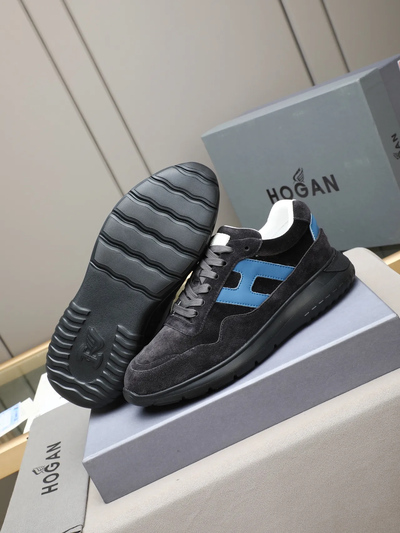 Hogan Black Blue Suede Upper H-Shaped Side Panel Lifestyle Sneakers