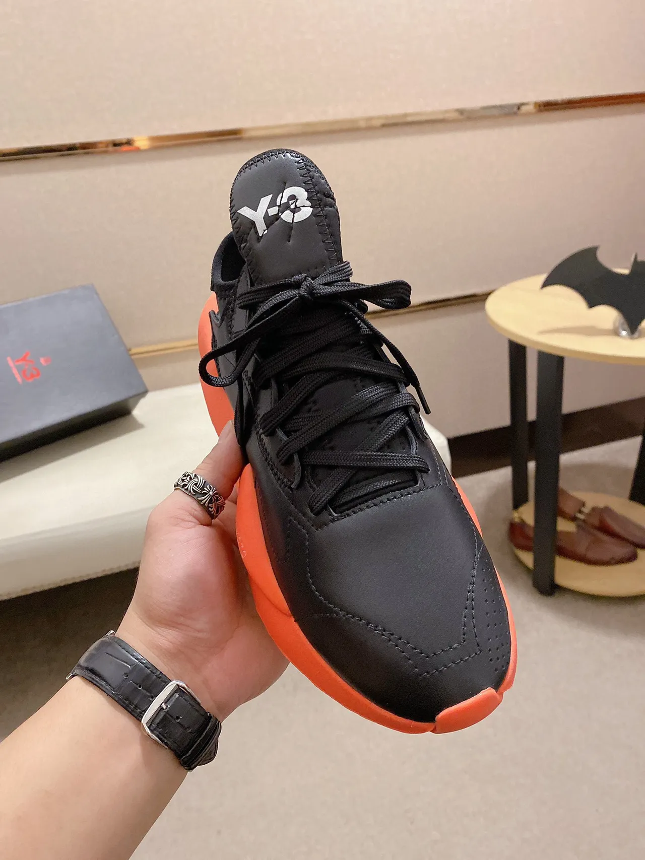 Yohji Yamamoto Black Orange Sculpted Midsole Matte Leather Upper Chunky Sneakers