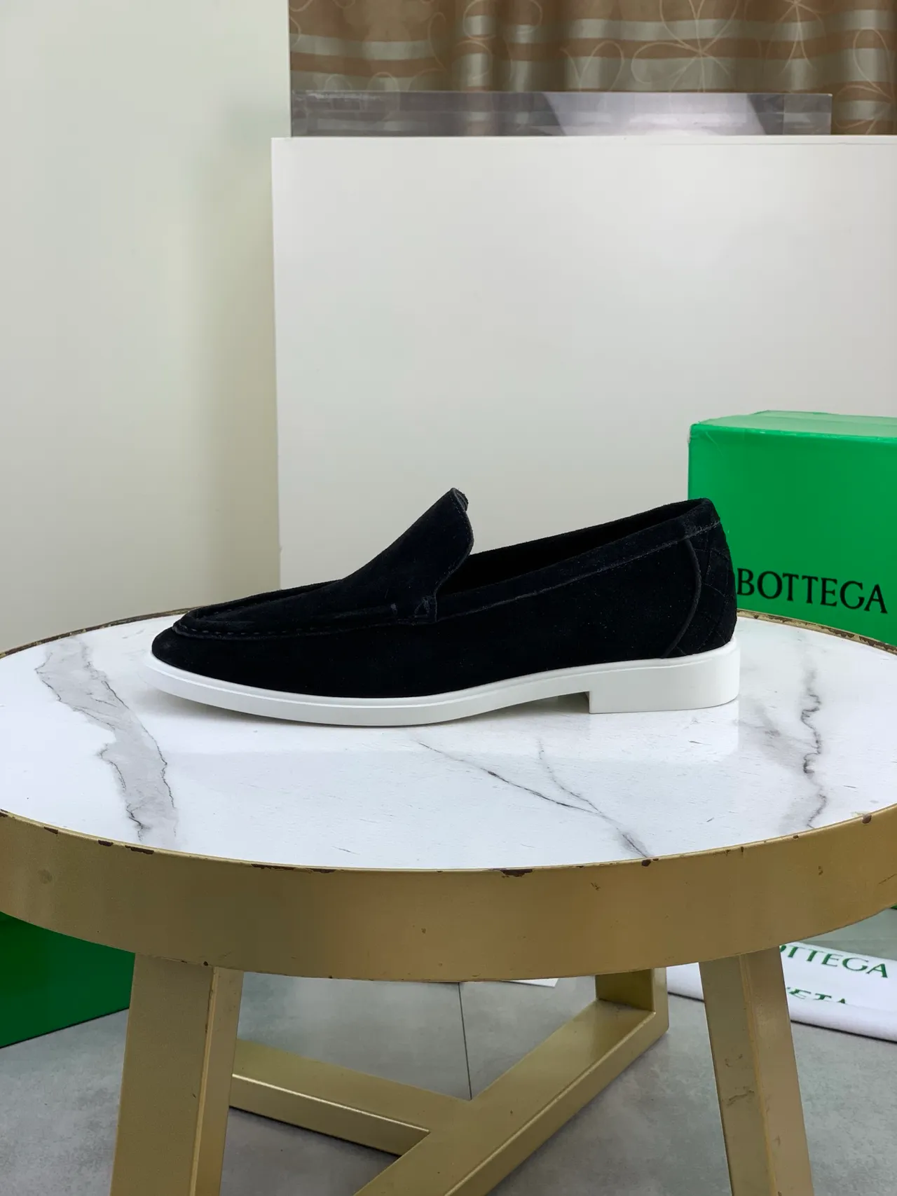 Bottega Veneta Black White Suede Upper Rubber Sole Loafer