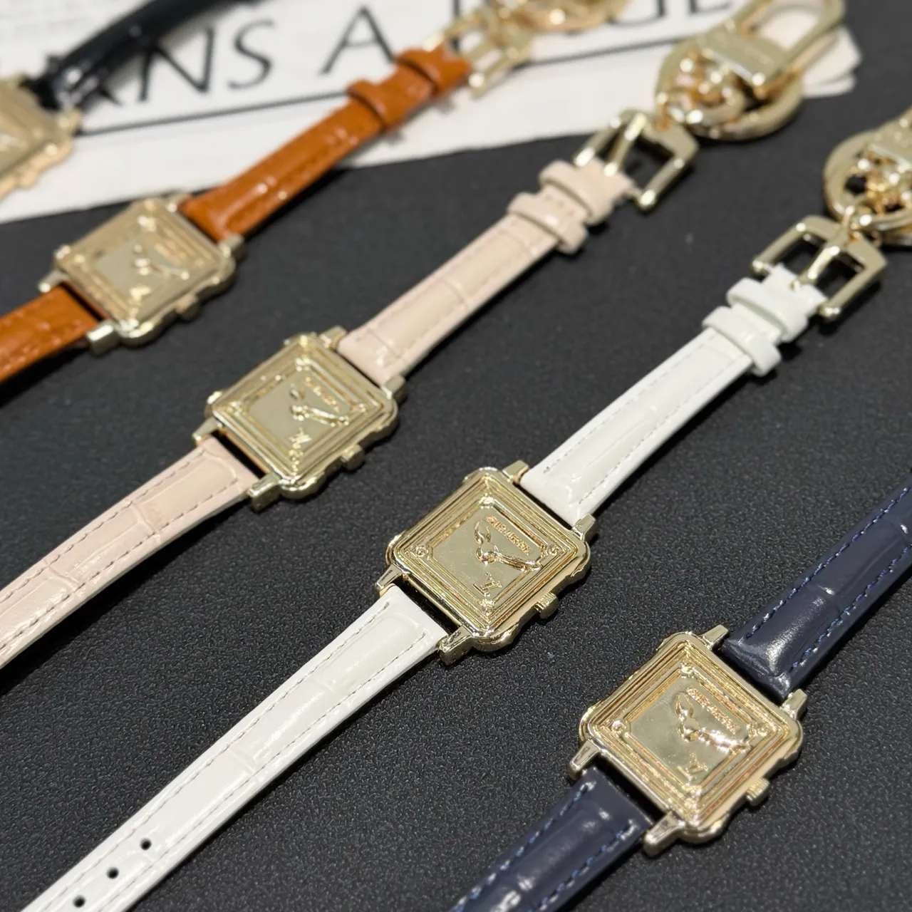 Gold Square Case Textured Leather Strap Watch