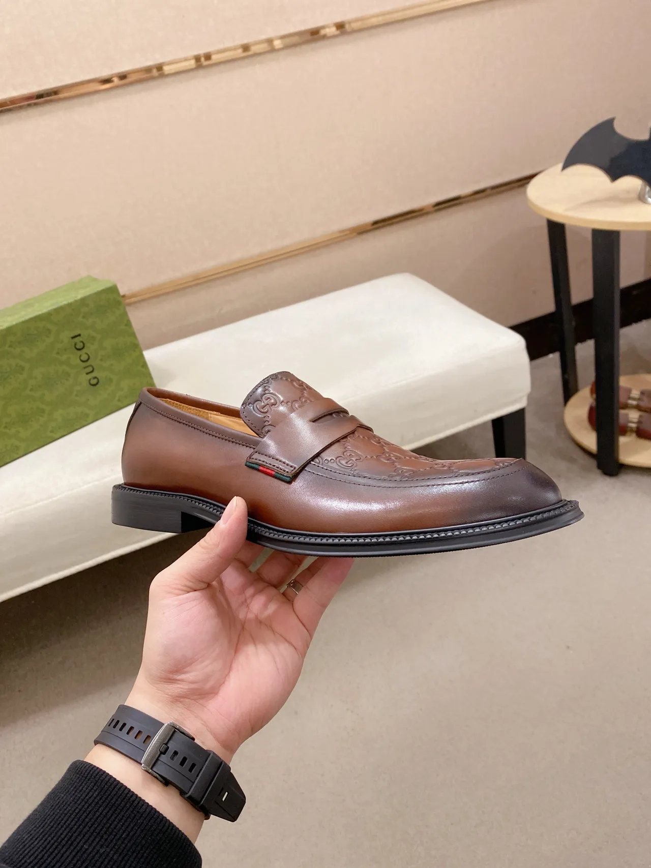 Gucci Brown Green Embossed GG Monogram Moccasin-Stitched Toe Loafer