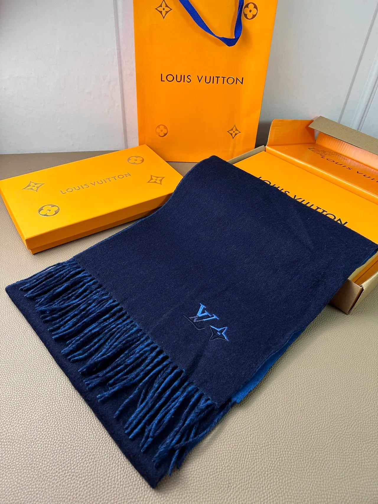 Louis Vuitton Embroidered Monogram Navy Cashmere Scarf