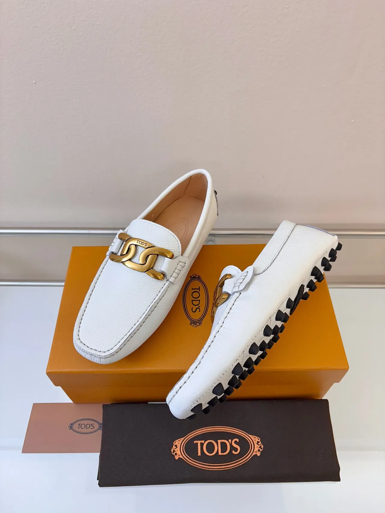 Tod's Double T Loafer White Pebbled Leather Loafers
