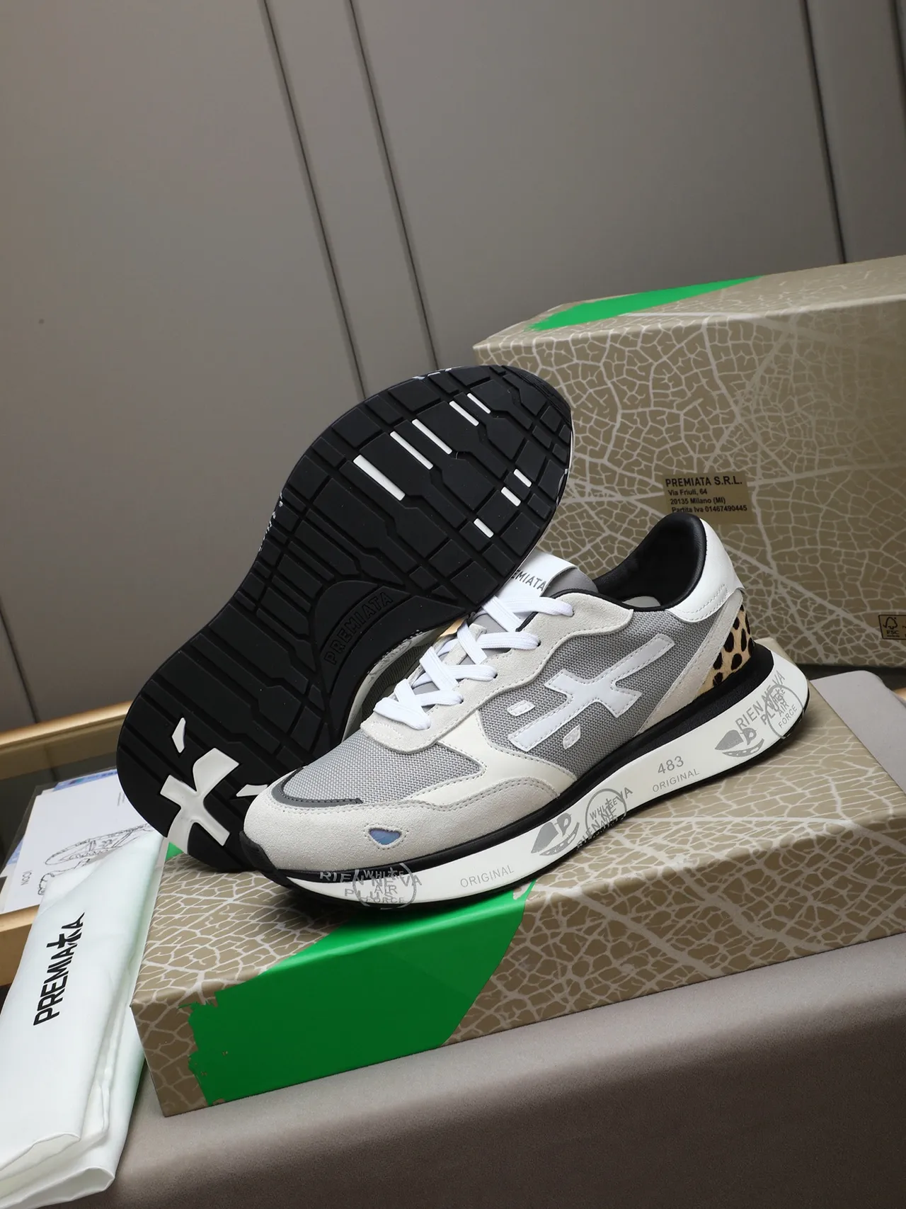 Premiata White Gray Mixed-Material Upper Leopard-Print Heel Accent Sneakers