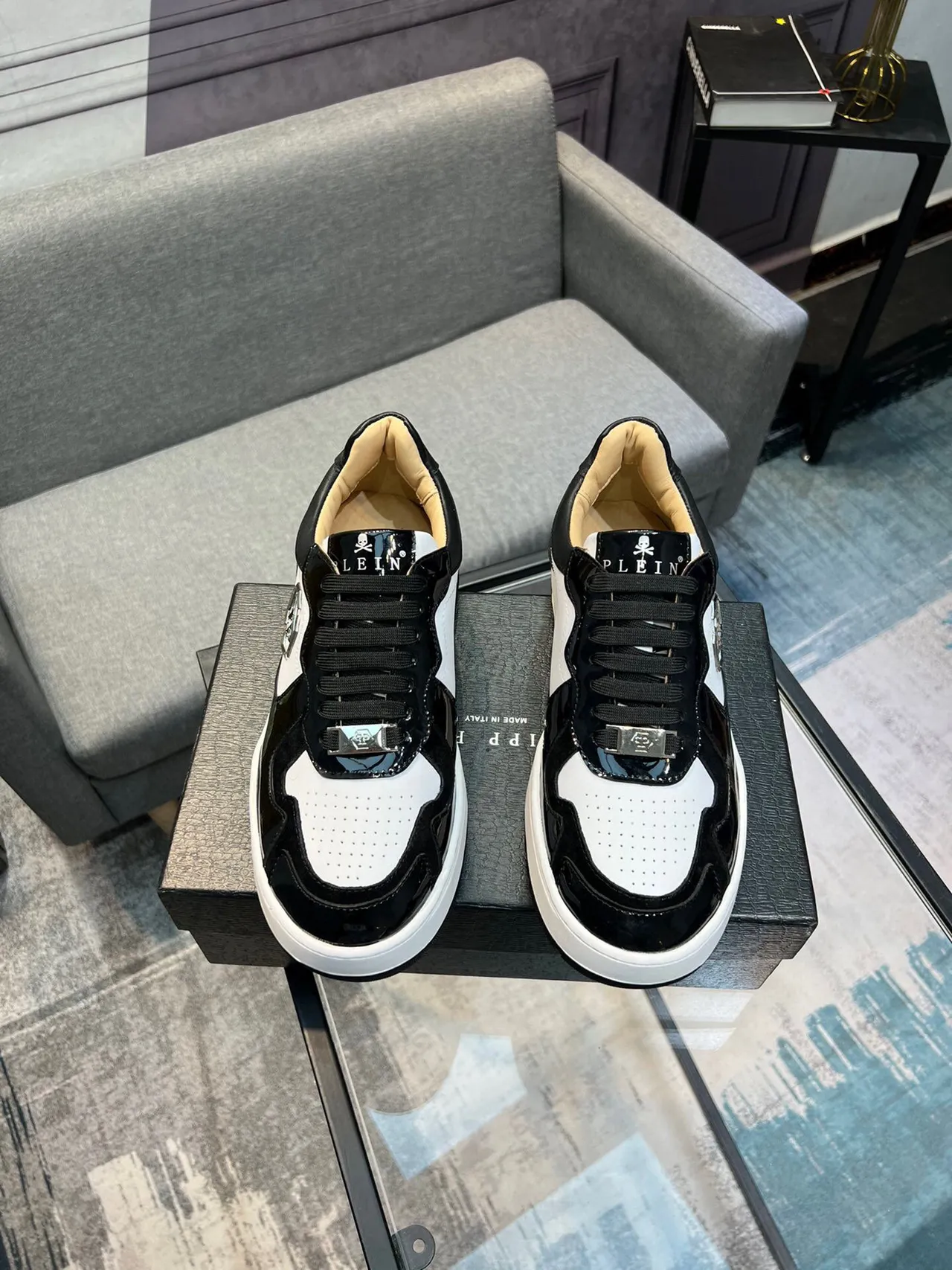 Philipp Plein Black White Panelled Upper Patent Leather Accents Lifestyle Sneakers