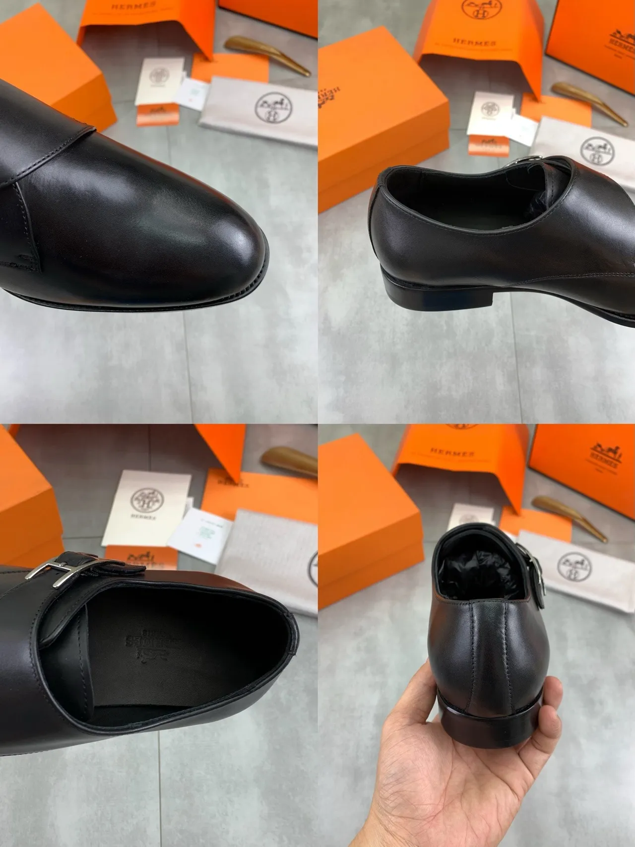Hermès H Monk Black Polished Leather Monk Shoes