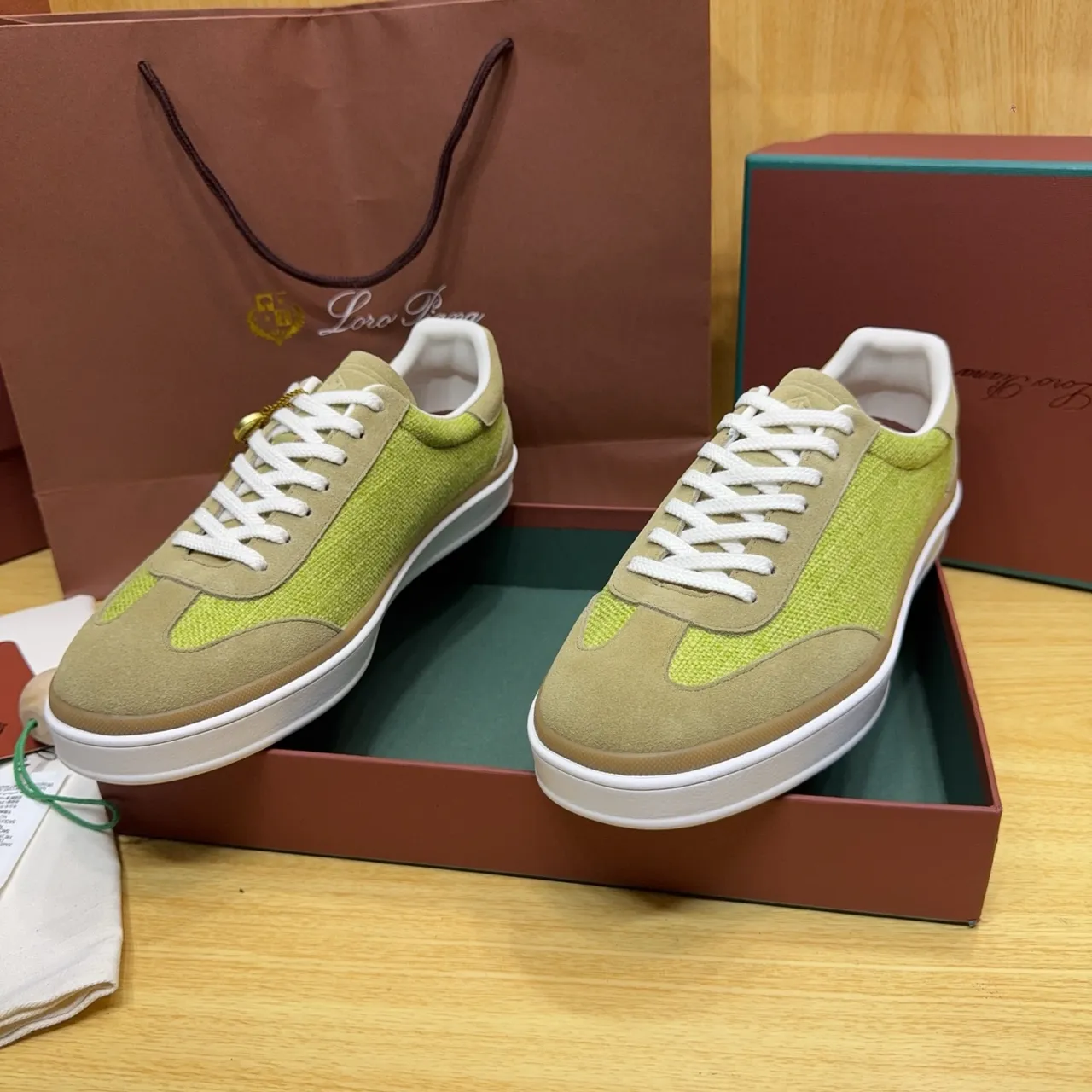 Loro Piana Lime Green and Beige Suede Woven Lifestyle Sneakers
