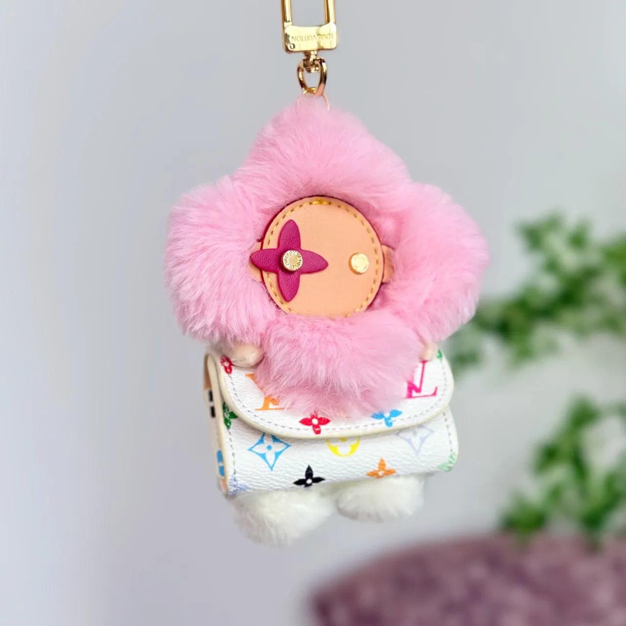 Louis Vuitton Vivienne Pink Beige Floral Plush Charm Faux Fur Trim Handbag