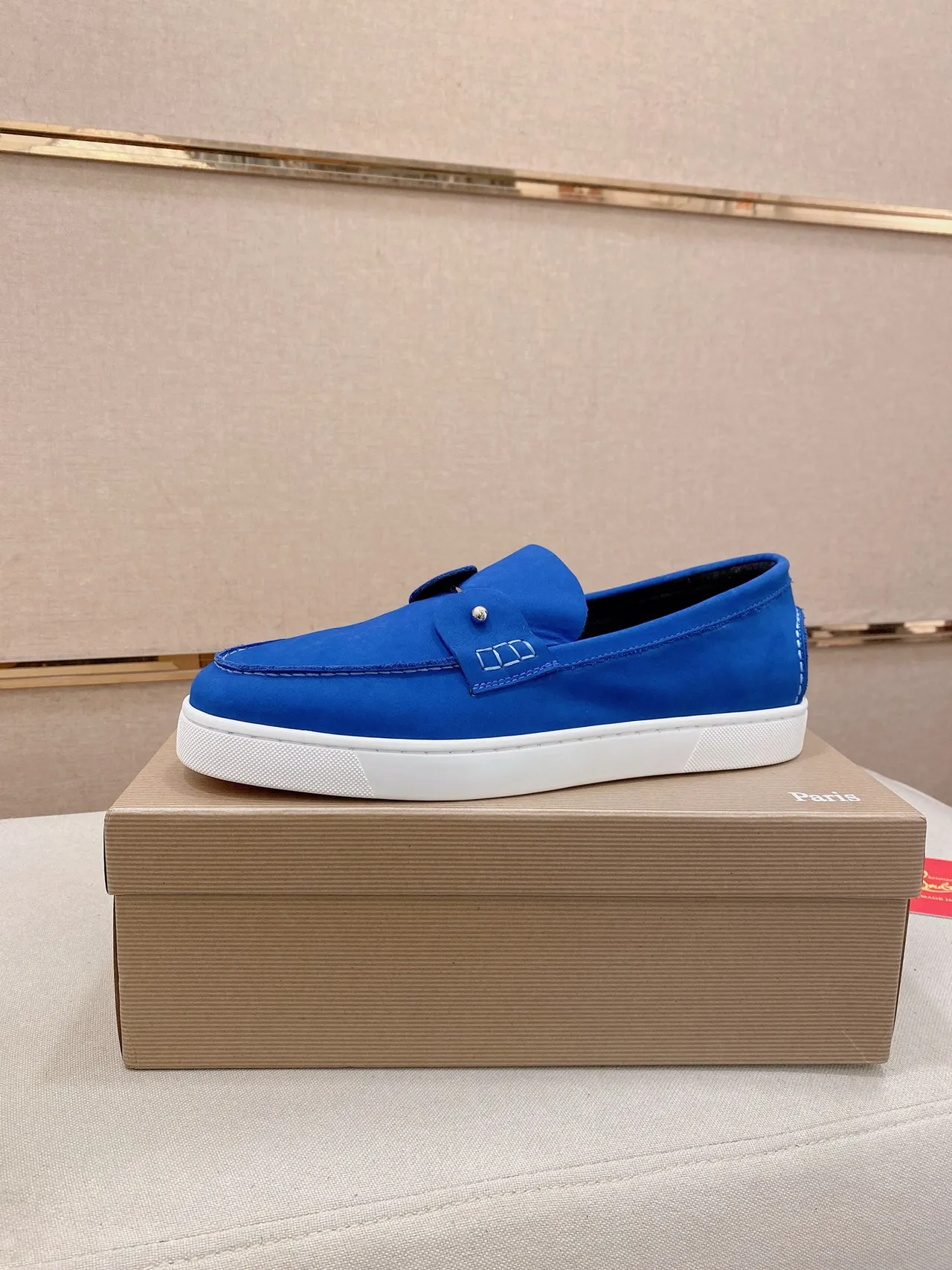 Blue White Suede-Like Upper Contrast Stitching Loafer