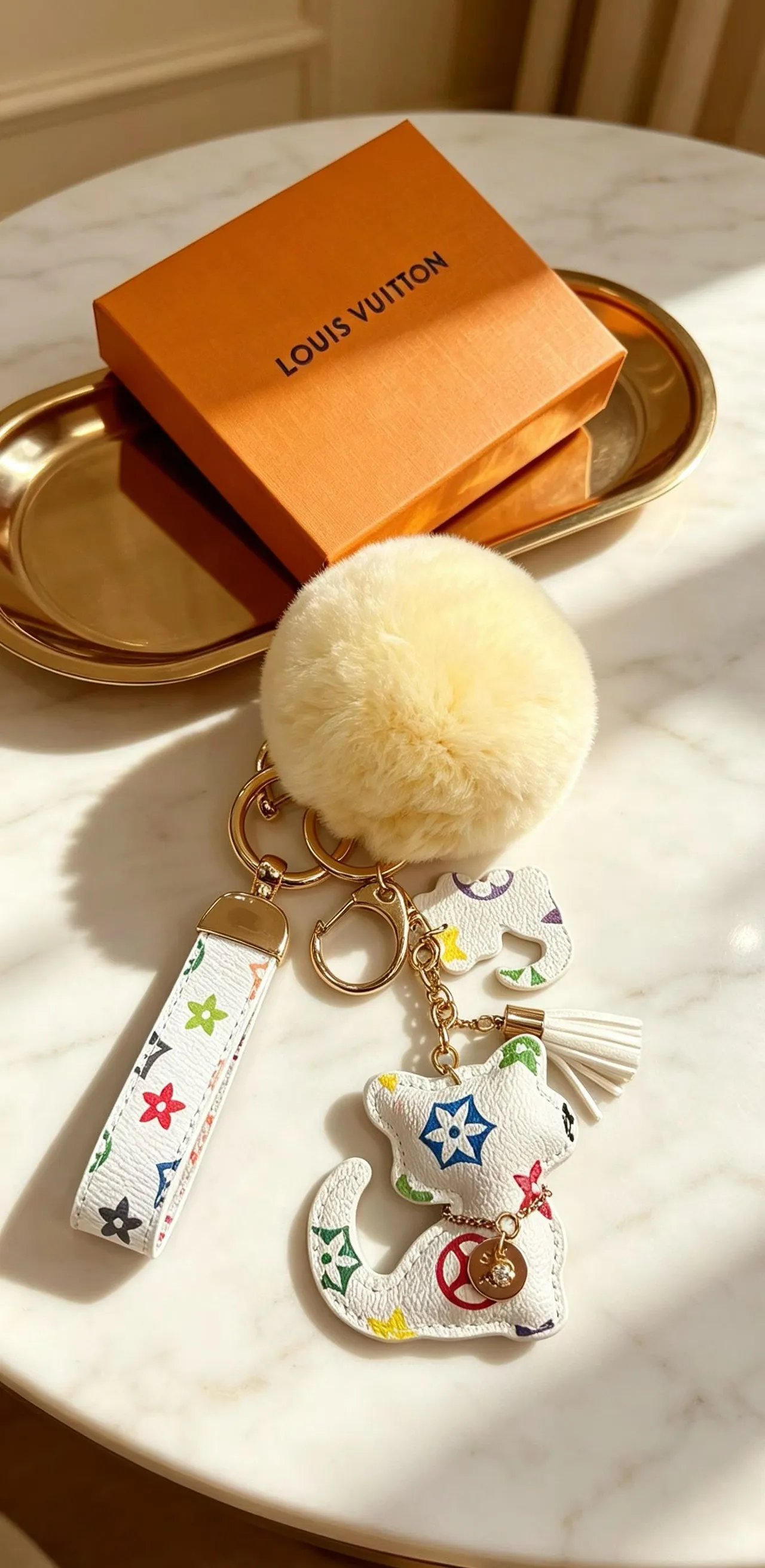 Louis Vuitton Multicolor Beige Monogram Leather Cream Faux-Fur Pom-Pom Phone Accessory