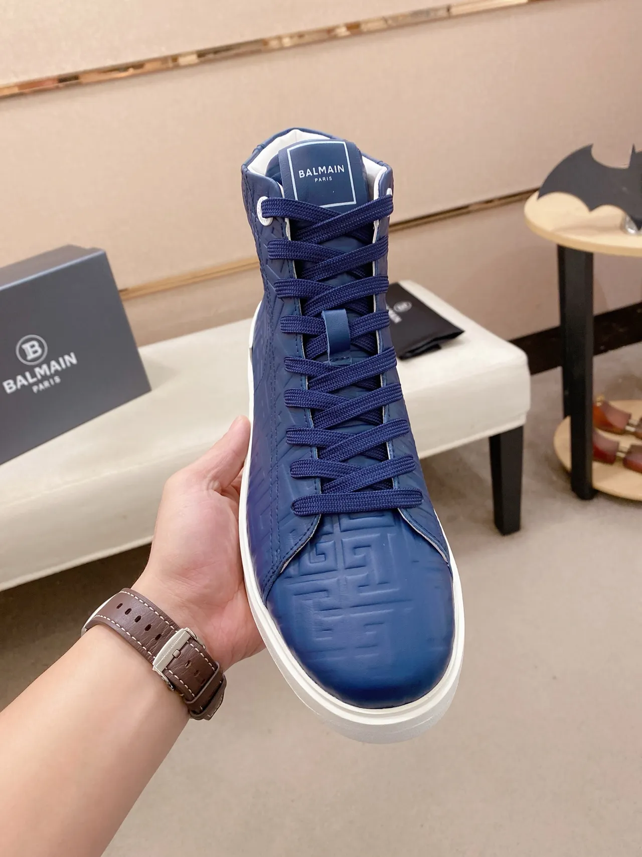 Balmain Navy White High-Top Embossed Monogram Lifestyle Sneakers